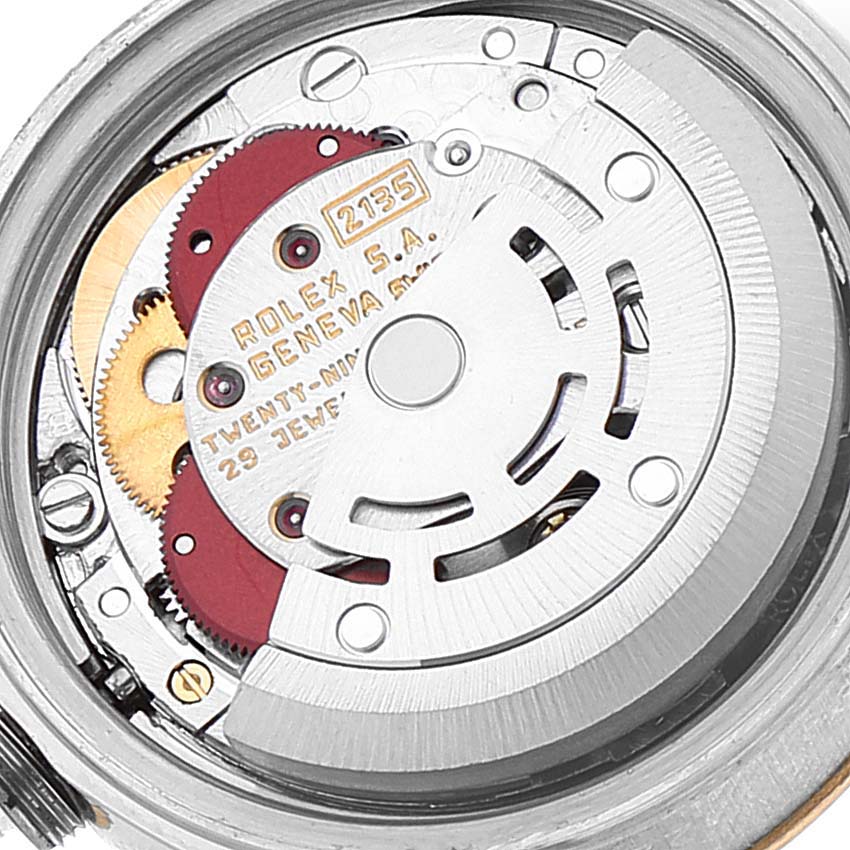 This image shows the internal mechanism of a Rolex Datejust 69173 Women's Steel and Gold (two tone) White Dial 69173 Women's Steel and Gold (two tone) White Dial watch, focusing on the movement components.
