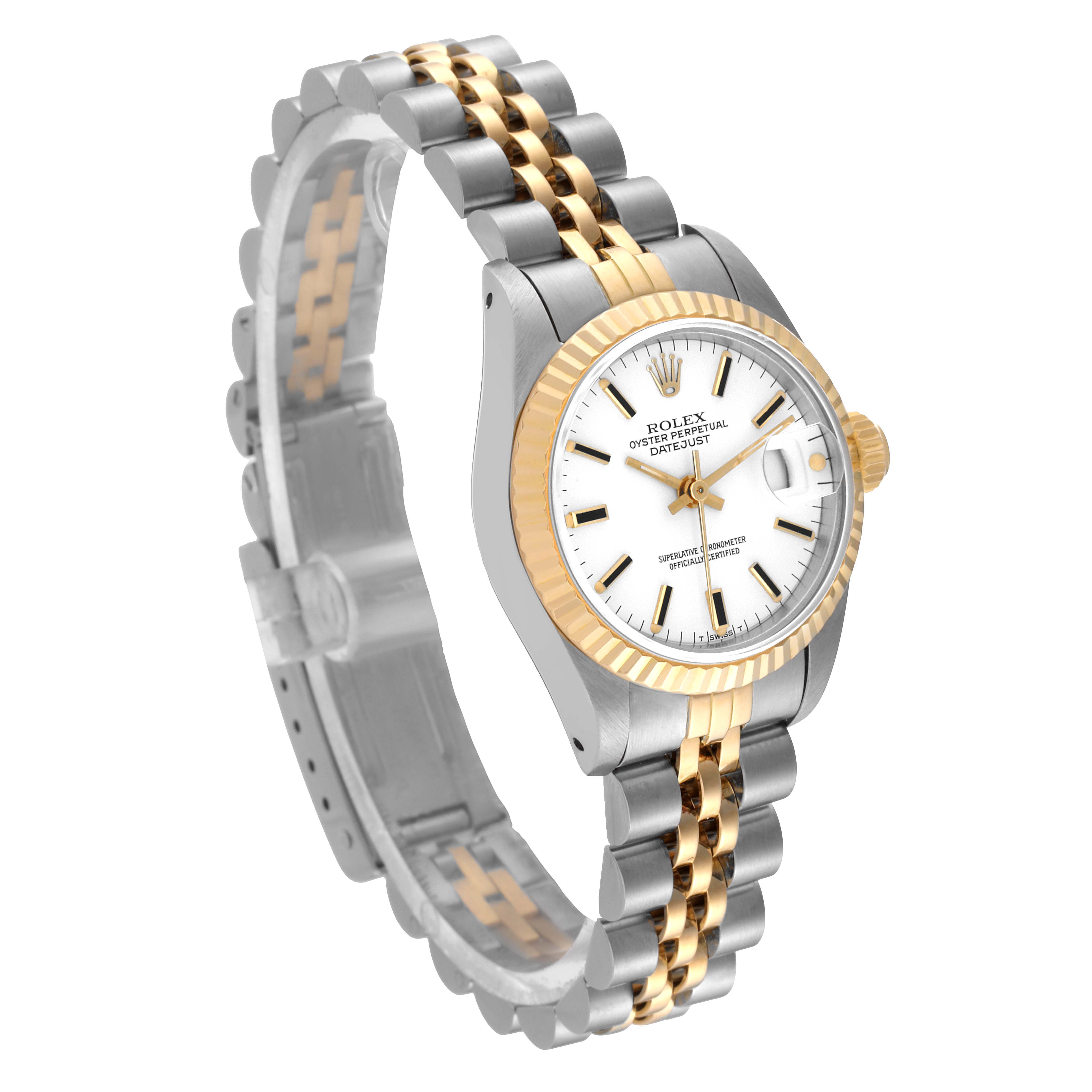 The image shows a Rolex Datejust 69173 Women's Steel and Gold (two tone) White Dial 69173 Women's Steel and Gold (two tone) White Dial watch at a three-quarter angle, displaying part of the gold and silver strap, and the white dial face with gold accents.