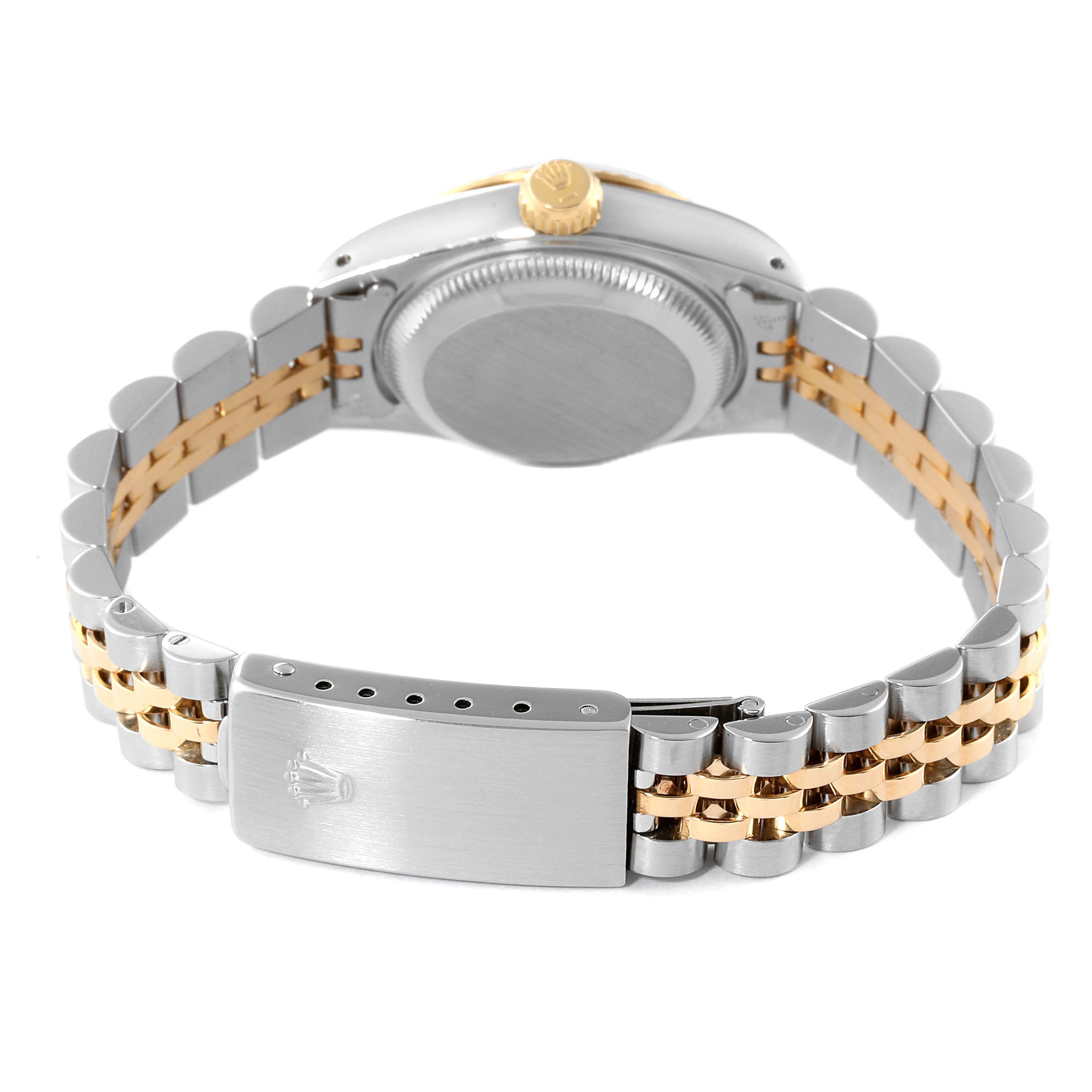 This image shows the back view of a Rolex Datejust 69173 Women's Steel and Gold (two tone) White Dial 69173 Women's Steel and Gold (two tone) White Dial watch, highlighting the case back, crown, and two-tone bracelet with clasp.