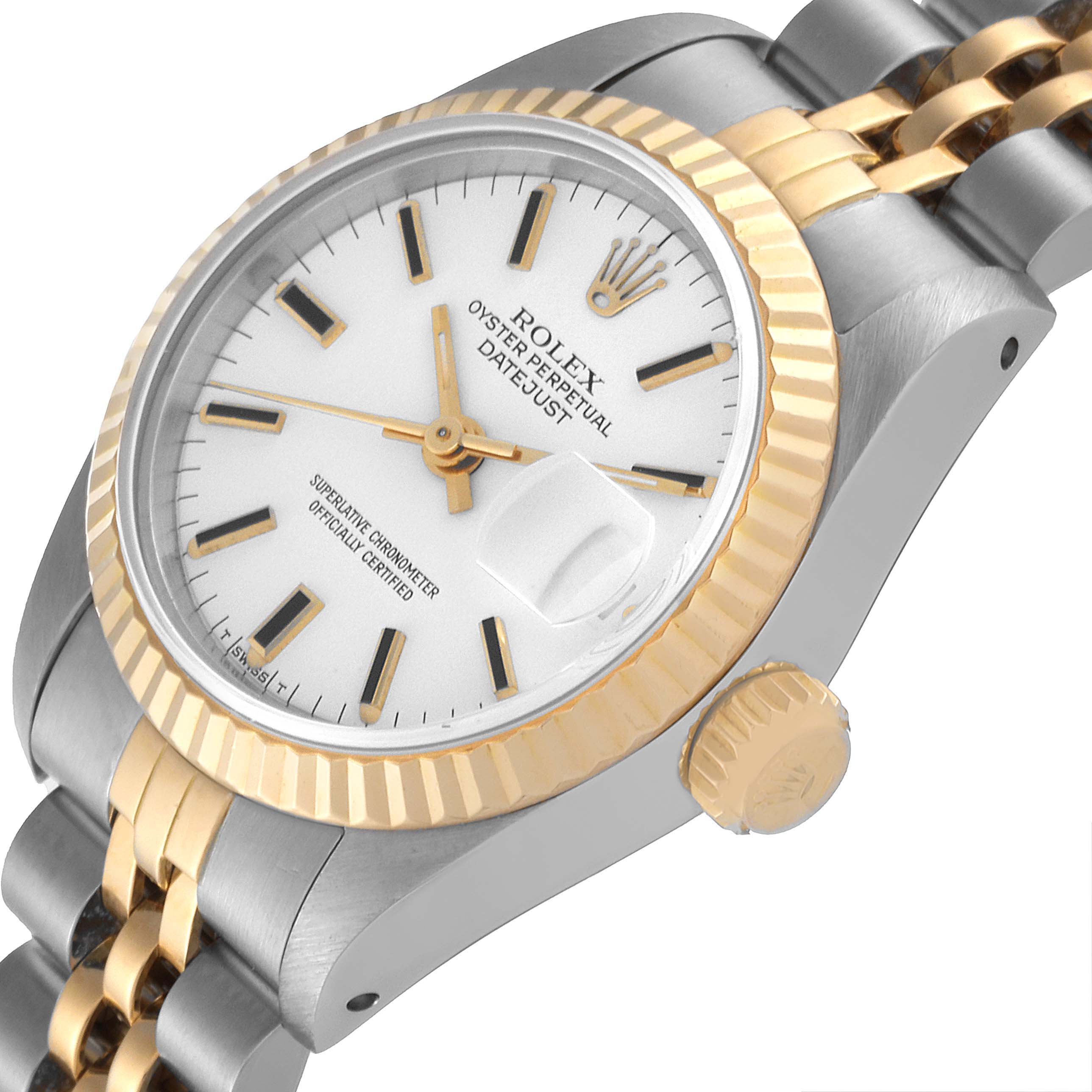This image shows a Rolex Datejust 69173 Women's Steel and Gold (two tone) White Dial 69173 Women's Steel and Gold (two tone) White Dial watch at a slight angle, focusing on its dial, bezel, crown, and part of its bracelet.