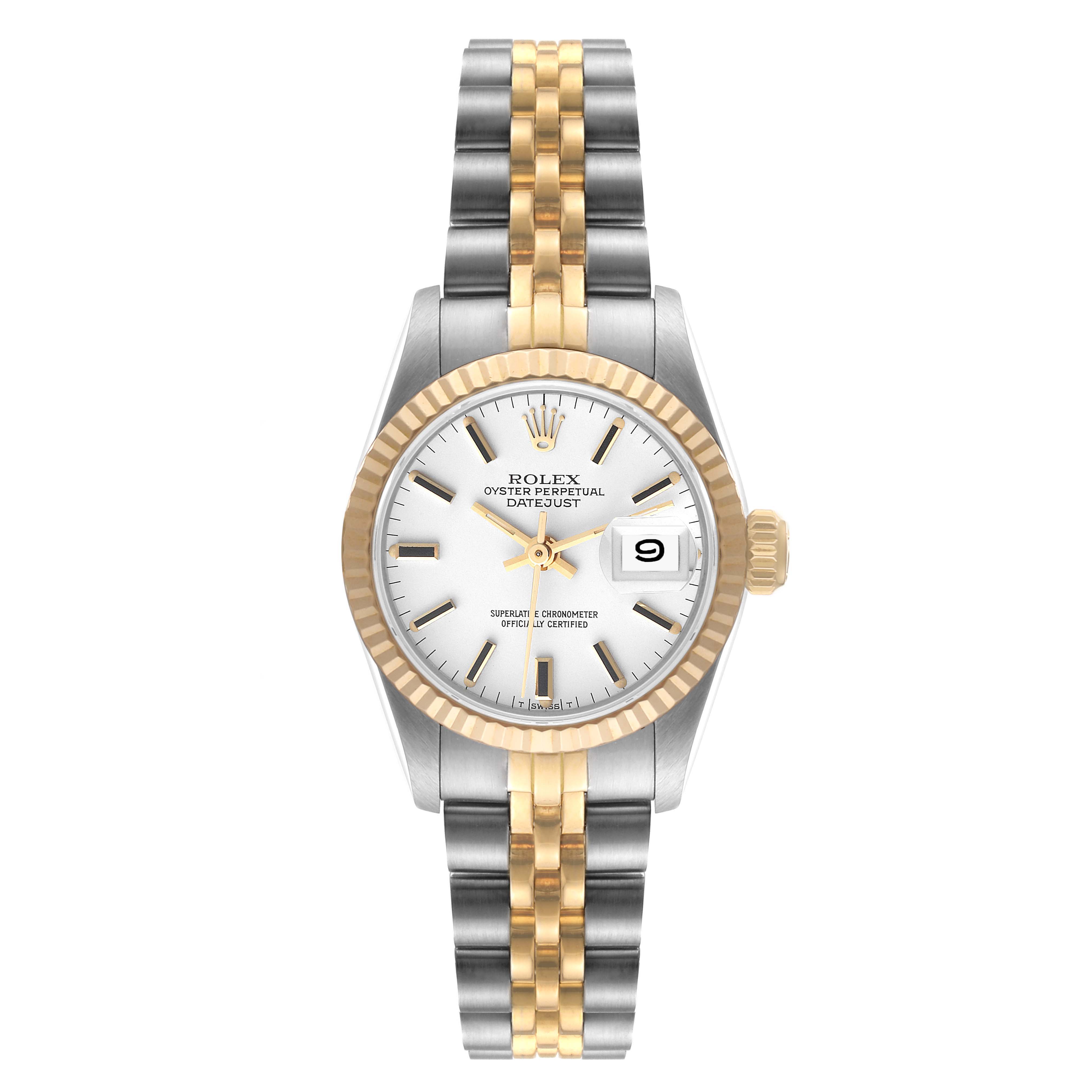 This image shows a front view of the Rolex Datejust 69173 Women's Steel and Gold (two tone) White Dial 69173 Women's Steel and Gold (two tone) White Dial watch, highlighting its dial, bezel, and two-tone stainless steel and gold bracelet.