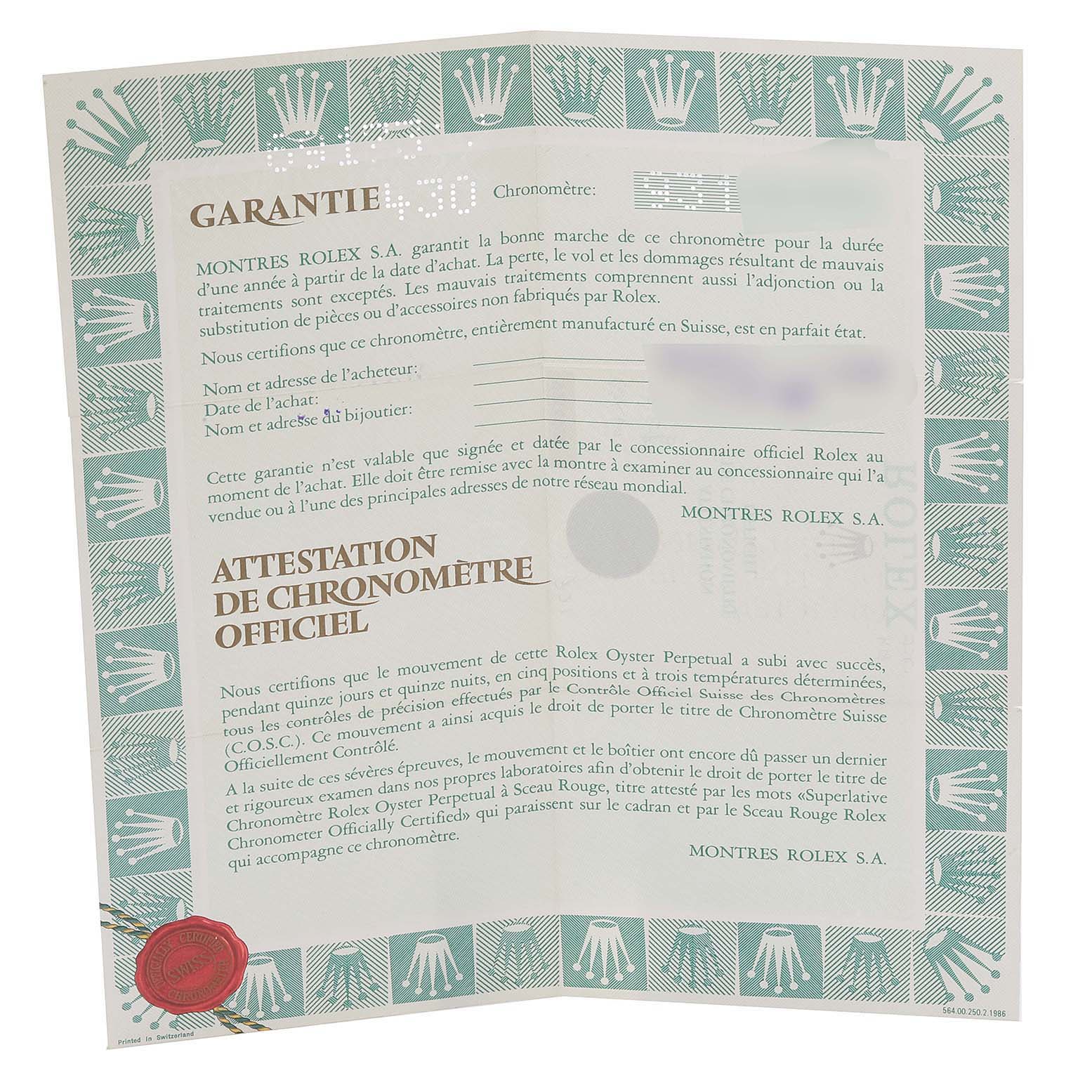 This image shows the warranty and official chronometer certificates for the Rolex Datejust 69173 Women's Steel and Gold (two tone) White Dial 69173 Women's Steel and Gold (two tone) White Dial model.