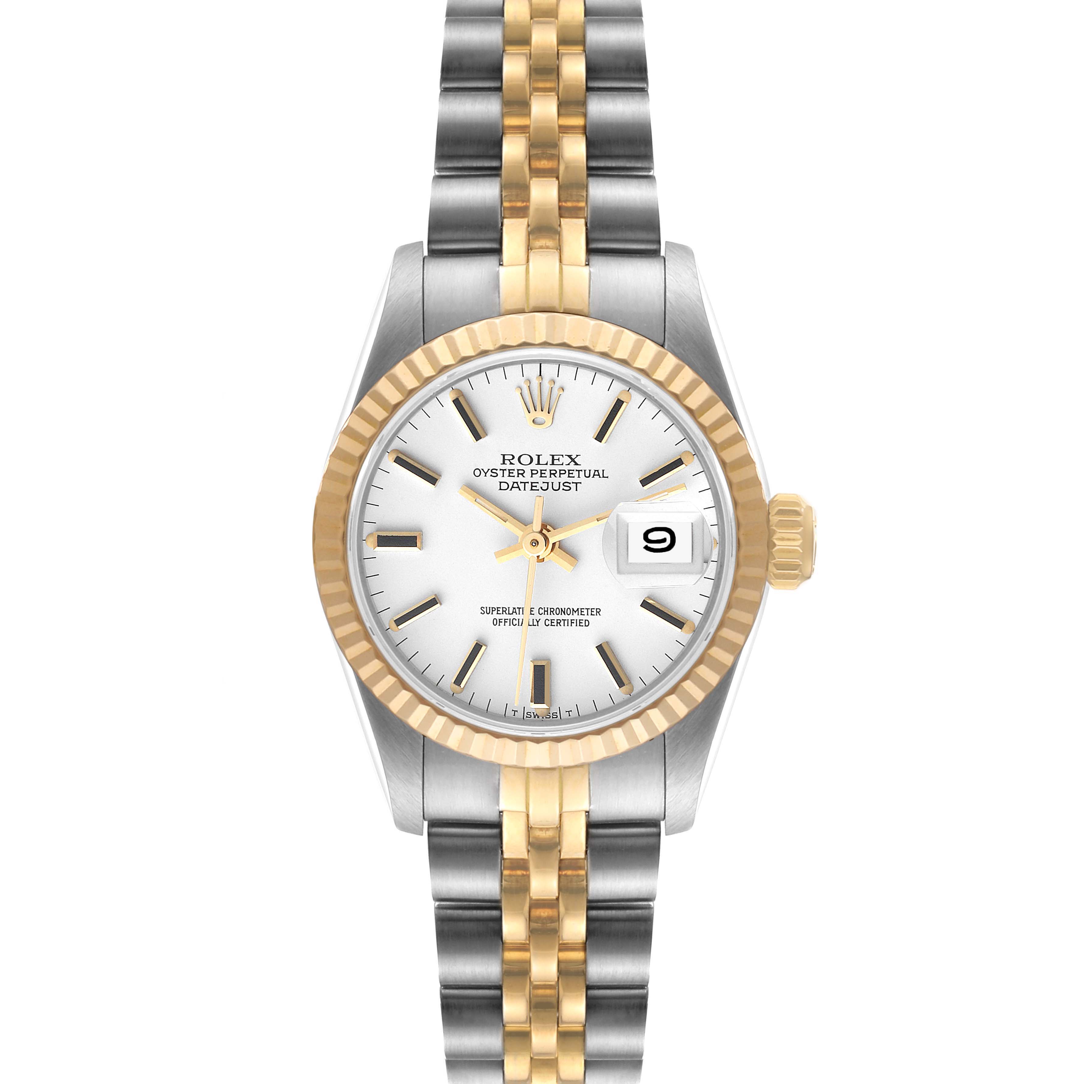 This image shows a front view of the Rolex Datejust 69173 Women's Steel and Gold (two tone) White Dial 69173 Women's Steel and Gold (two tone) White Dial watch, featuring its dial, bezel, and two-tone bracelet.