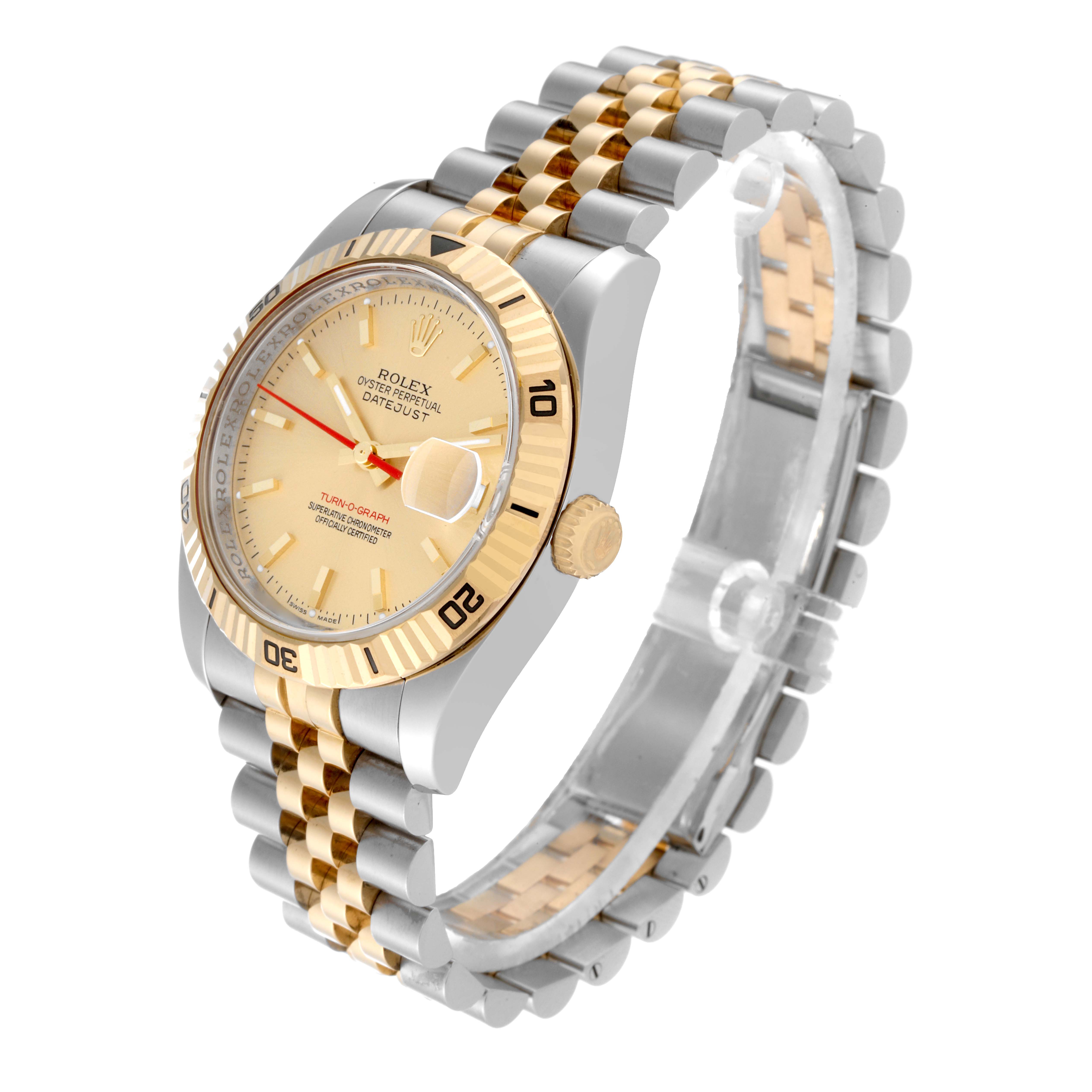 The image shows a Rolex Turn-o-Graph 116263 Men's Steel and Gold (two tone) Champagne Dial 116263 Men's Steel and Gold (two tone) Champagne Dial watch angled from the front-right, highlighting the face, bezel, crown, and two-tone bracelet.