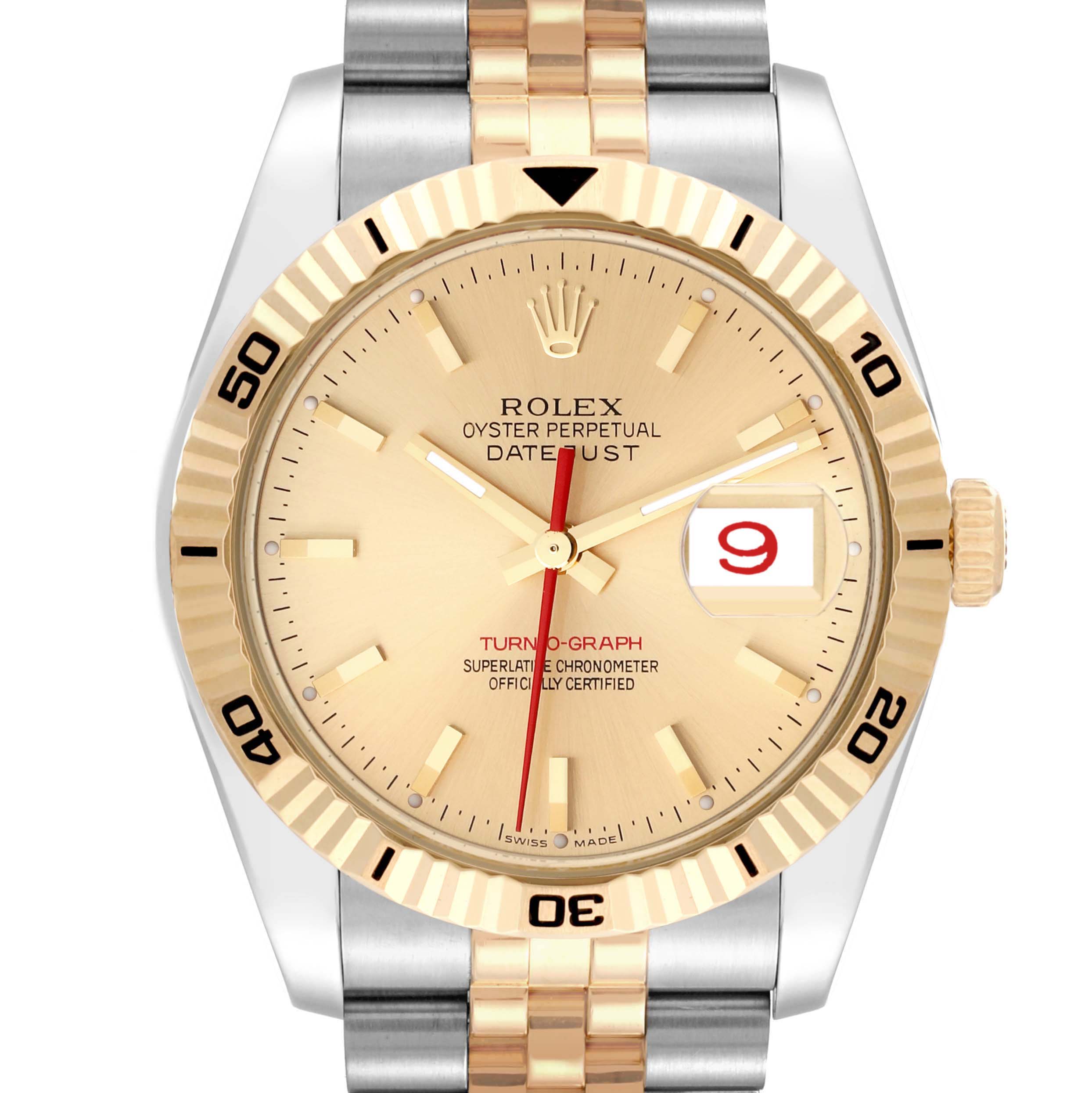 This image shows a front view of the Rolex Turn-o-Graph 116263 Men's Steel and Gold (two tone) Champagne Dial 116263 Men's Steel and Gold (two tone) Champagne Dial watch, highlighting the dial, bezel, and two-tone bracelet.