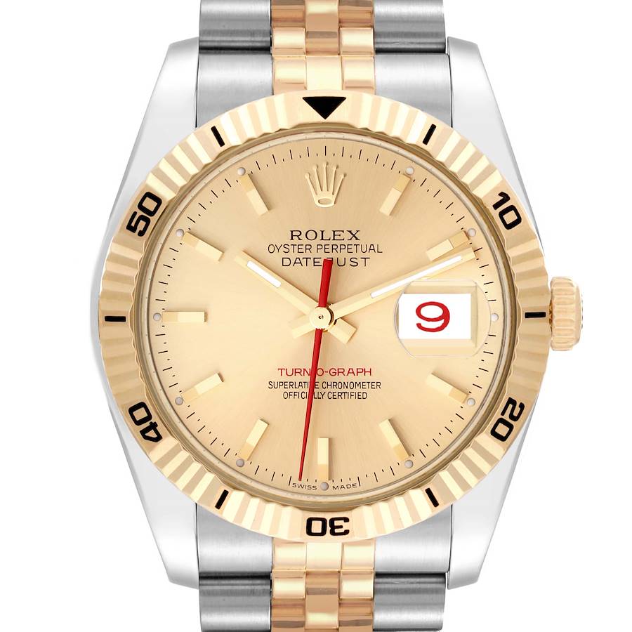 This image shows a front view of the Rolex Turn-o-Graph watch, highlighting the dial, bezel, and two-tone bracelet.