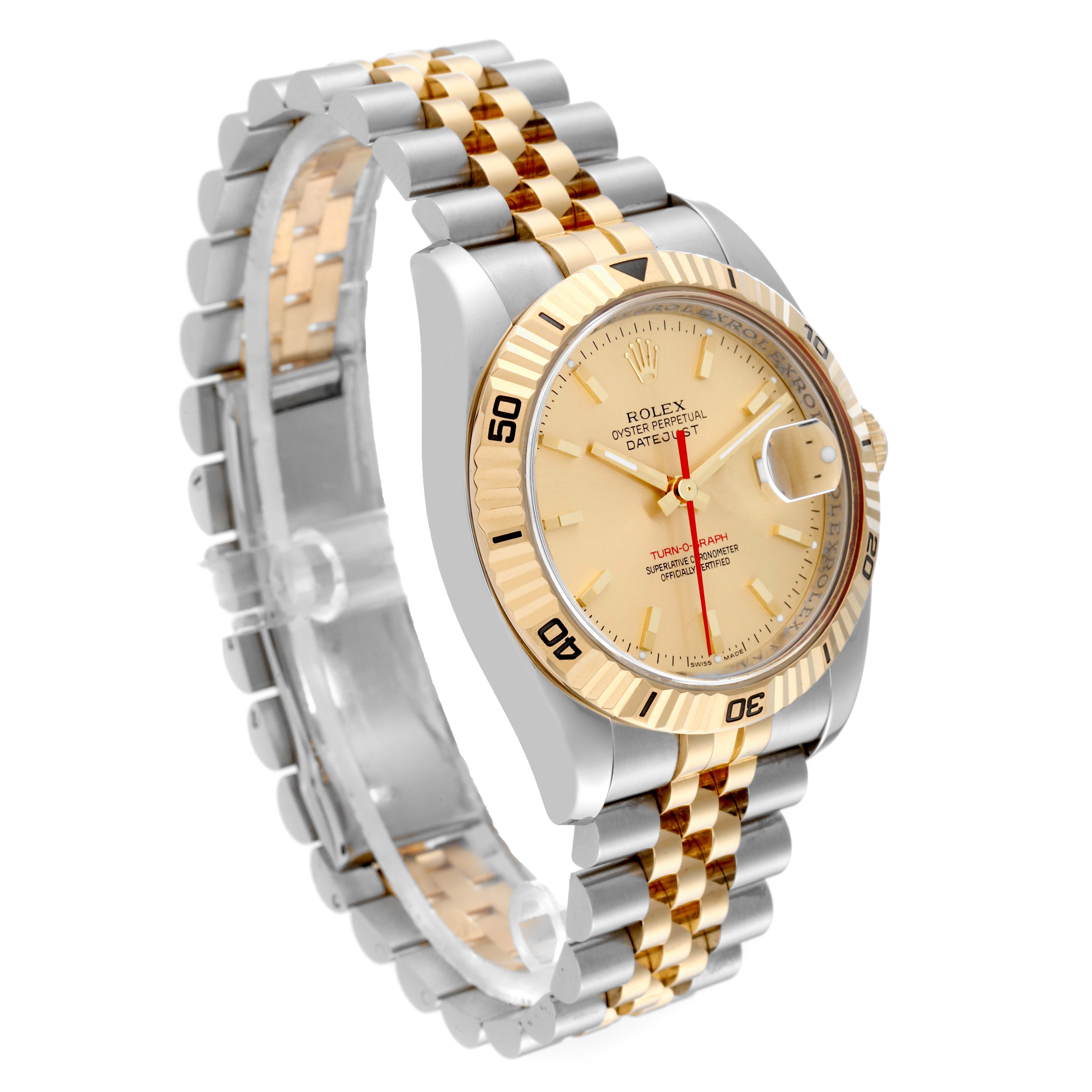 The Rolex Turn-o-Graph 116263 Men's Steel and Gold (two tone) Champagne Dial 116263 Men's Steel and Gold (two tone) Champagne Dial watch is shown at a slight side angle, featuring the bezel, dial, and two-tone bracelet.