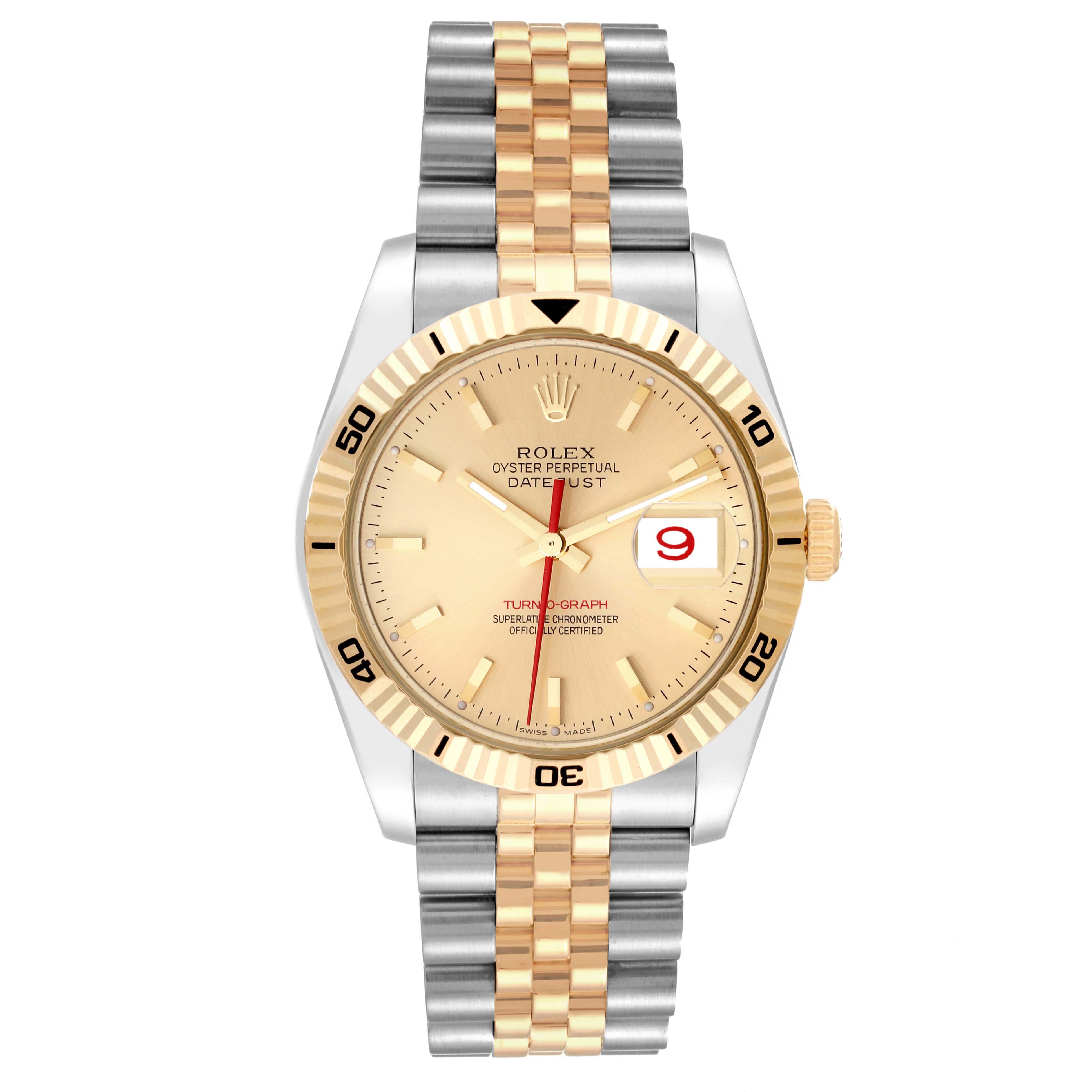 This image shows a front view of the Rolex Turn-o-Graph 116263 Men's Steel and Gold (two tone) Champagne Dial 116263 Men's Steel and Gold (two tone) Champagne Dial watch, highlighting its dial, bezel, and two-tone bracelet.