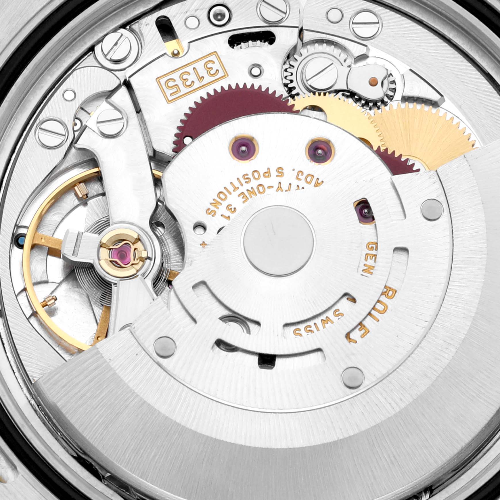 This close-up image shows the intricate internal mechanism of the Rolex Turn-o-Graph 116263 Men's Steel and Gold (two tone) Champagne Dial 116263 Men's Steel and Gold (two tone) Champagne Dial watch.