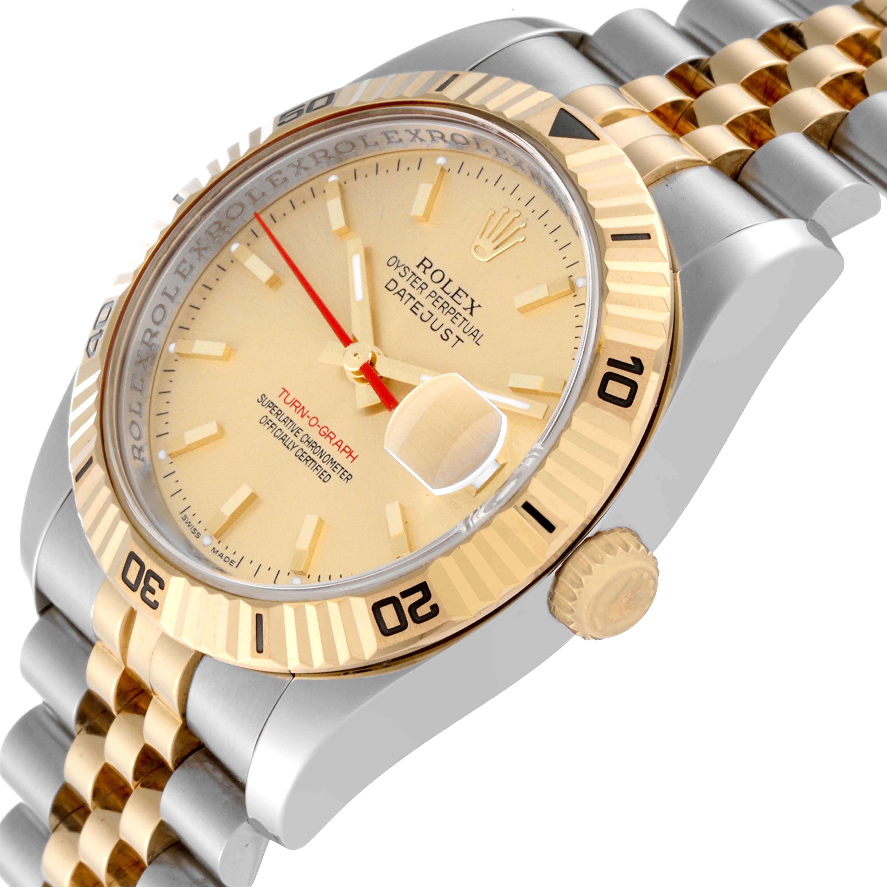 The image shows a side angle of the Rolex Turn-o-Graph 116263 Men's Steel and Gold (two tone) Champagne Dial 116263 Men's Steel and Gold (two tone) Champagne Dial watch, highlighting the bezel, dial, crown, and part of the bracelet.