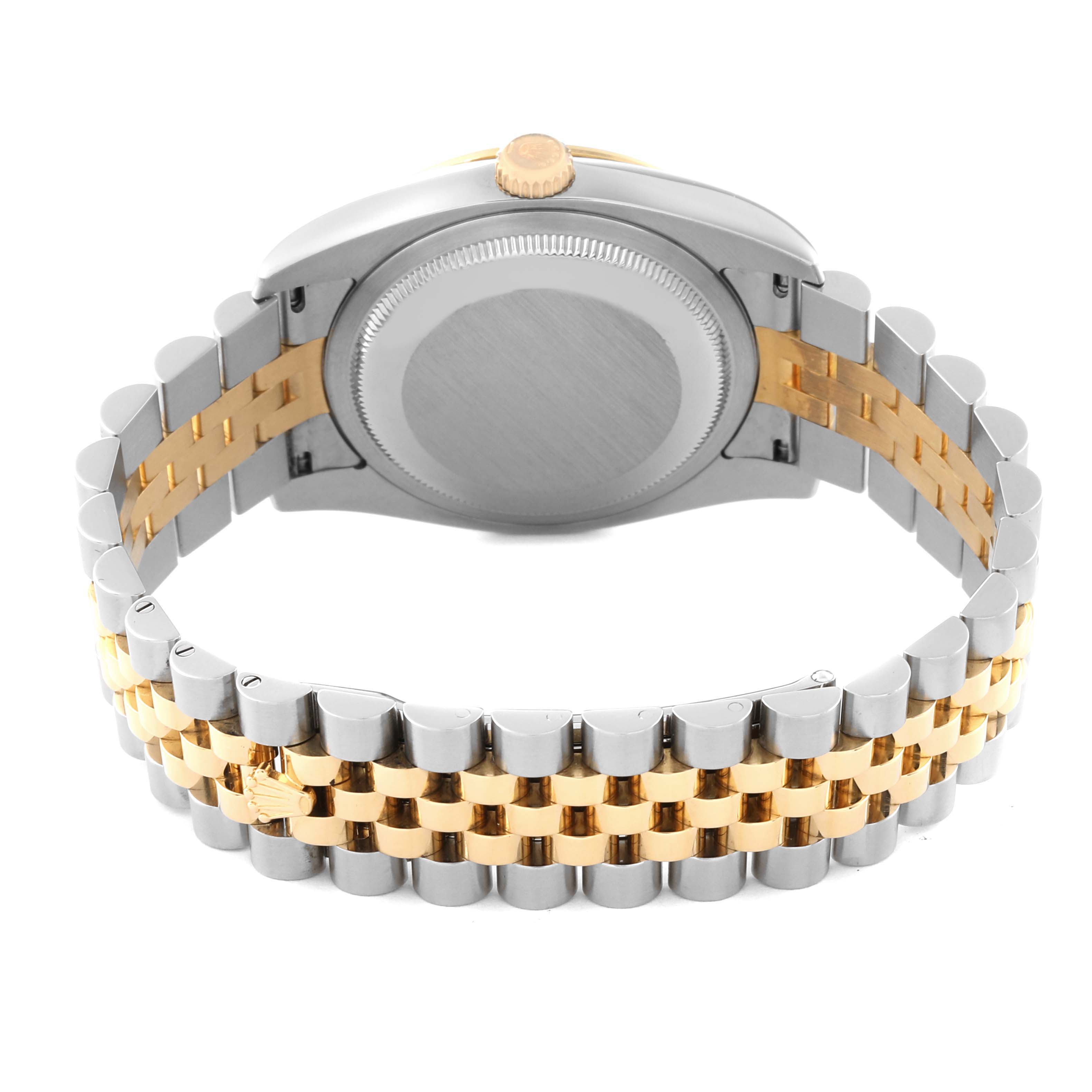 The image shows the back and bracelet of a Rolex Turn-o-Graph 116263 Men's Steel and Gold (two tone) Champagne Dial 116263 Men's Steel and Gold (two tone) Champagne Dial watch, highlighting its two-tone metal design.