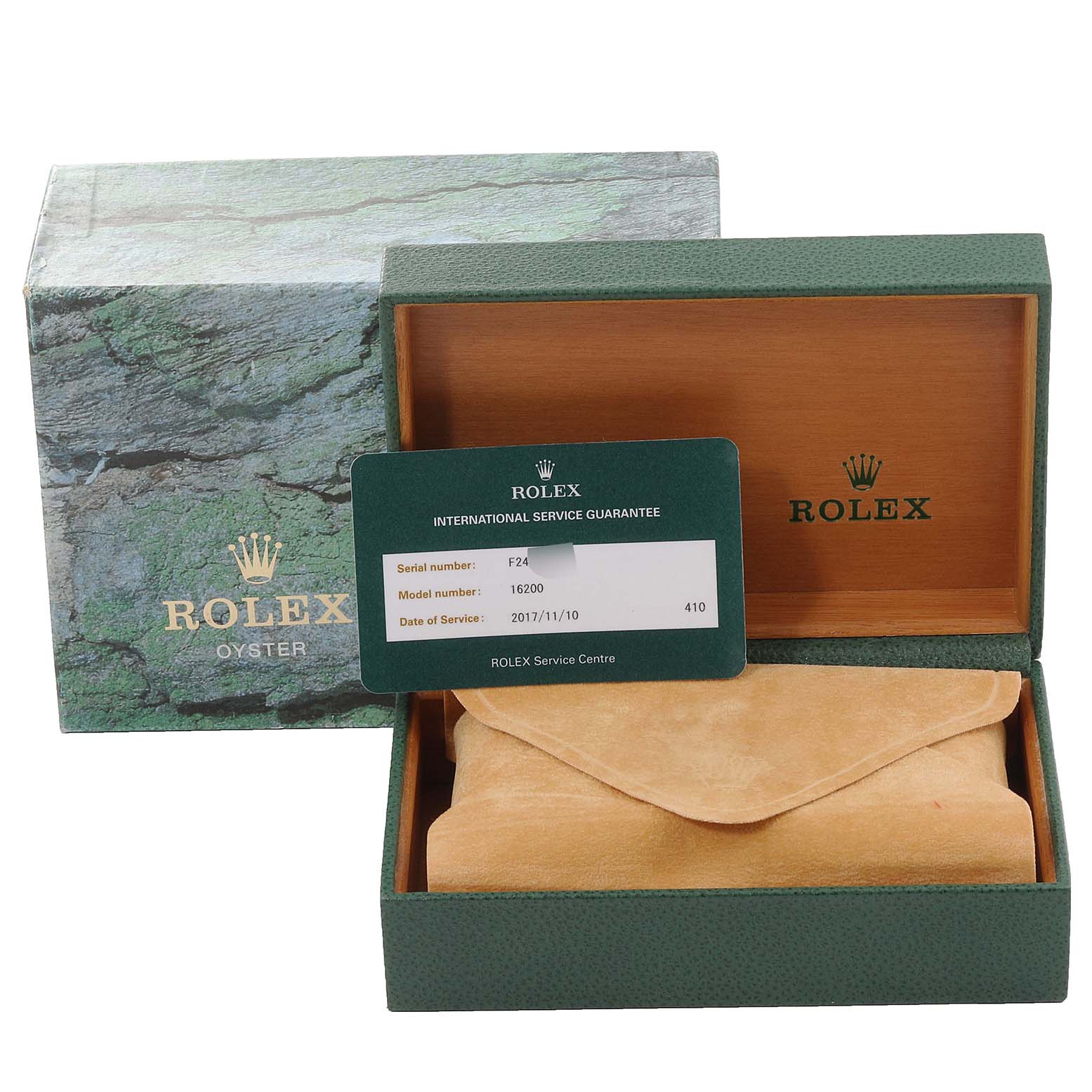 The image shows a Rolex Datejust 16200 Men's Stainless Steel White Dial 16200 Men's Stainless Steel White Dial model box with an international service guarantee card and a protective pouch inside.