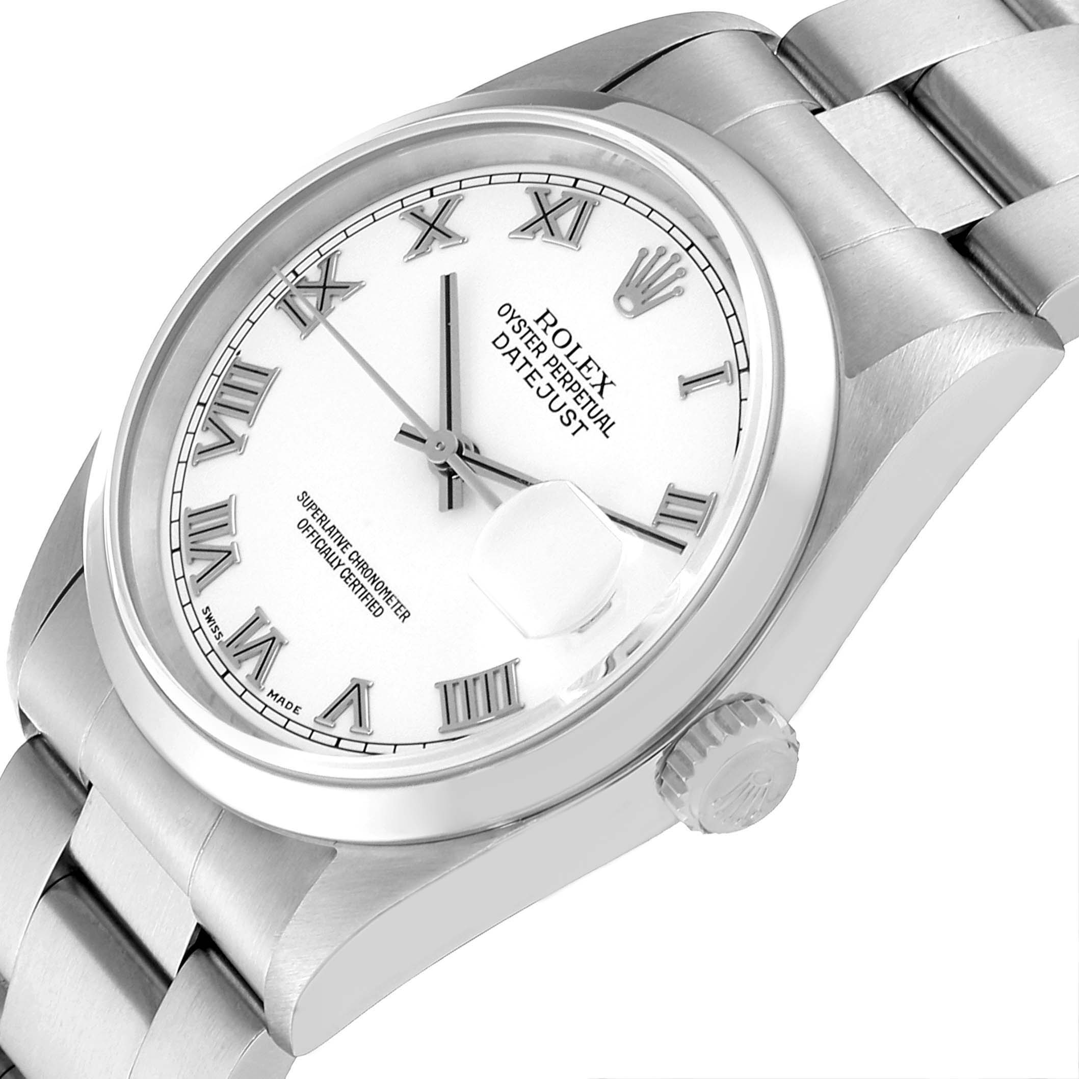 The image shows a top-side view of a Rolex Datejust 16200 Men's Stainless Steel White Dial 16200 Men's Stainless Steel White Dial watch, highlighting the dial, hands, and crown.