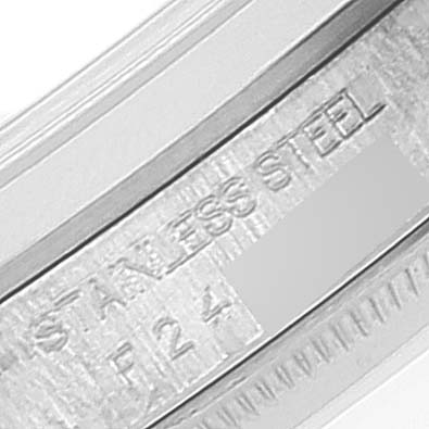 The image shows a close-up of the inner bezel of a Rolex Datejust 16200 Men's Stainless Steel White Dial 16200 Men's Stainless Steel White Dial watch, revealing the text "STAINLESS STEEL" and part of the serial number.