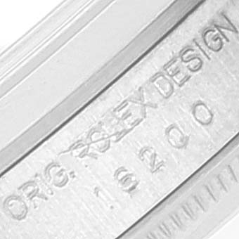 This is a close-up angle of the inner bezel or rehaut of a Rolex Datejust 16200 Men's Stainless Steel White Dial 16200 Men's Stainless Steel White Dial, showing engraved text including "ORIG. ROLEX DESIGN 16200".