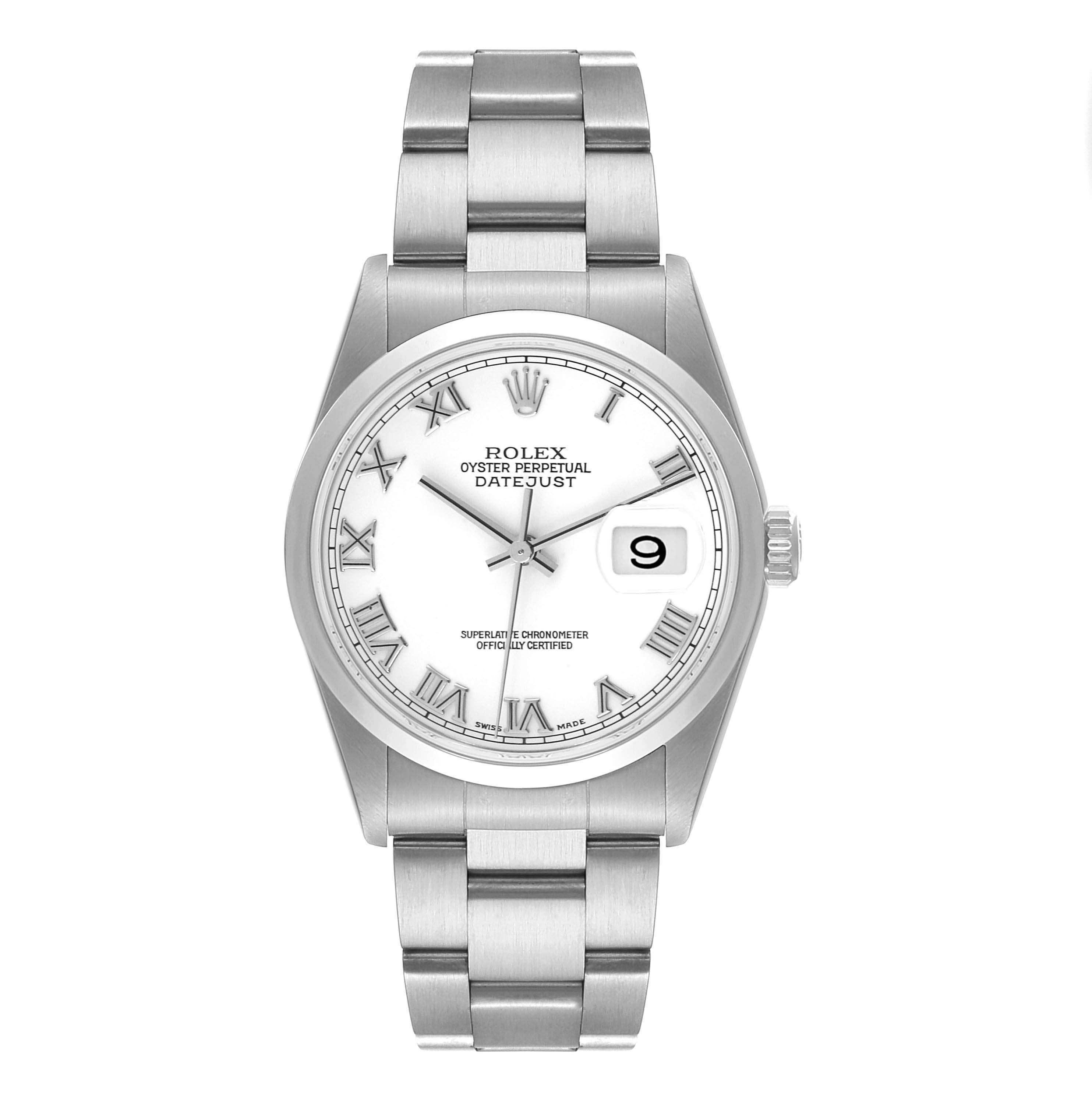 This image shows a front view of the Rolex Datejust 16200 Men's Stainless Steel White Dial 16200 Men's Stainless Steel White Dial watch featuring its dial, bezel, bracelet, and date window.