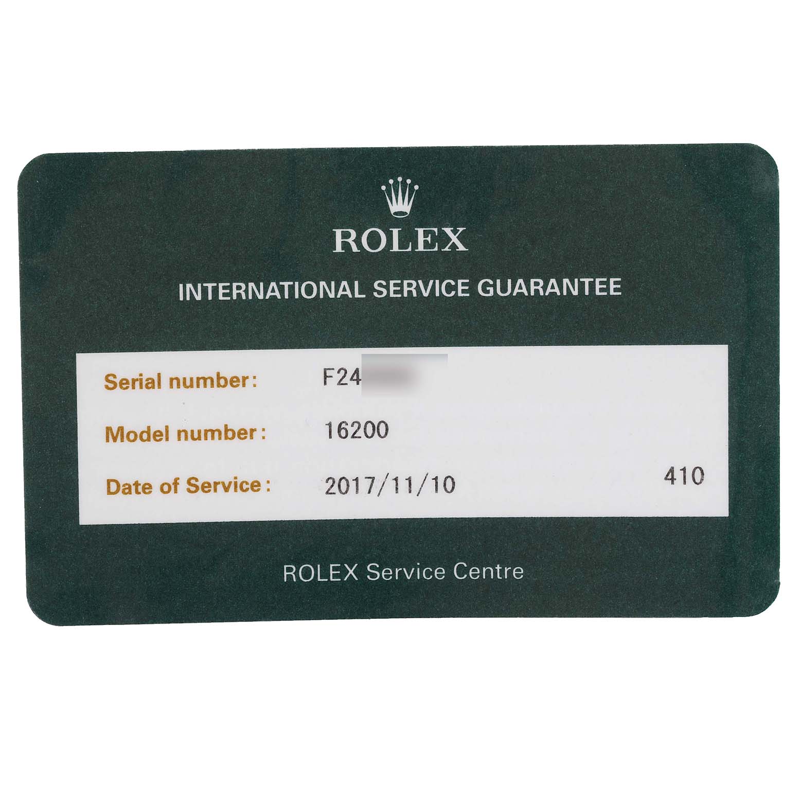 The image shows a guarantee card for a Rolex Datejust 16200 Men's Stainless Steel White Dial 16200 Men's Stainless Steel White Dial model, displaying the serial and model number, and date of service.