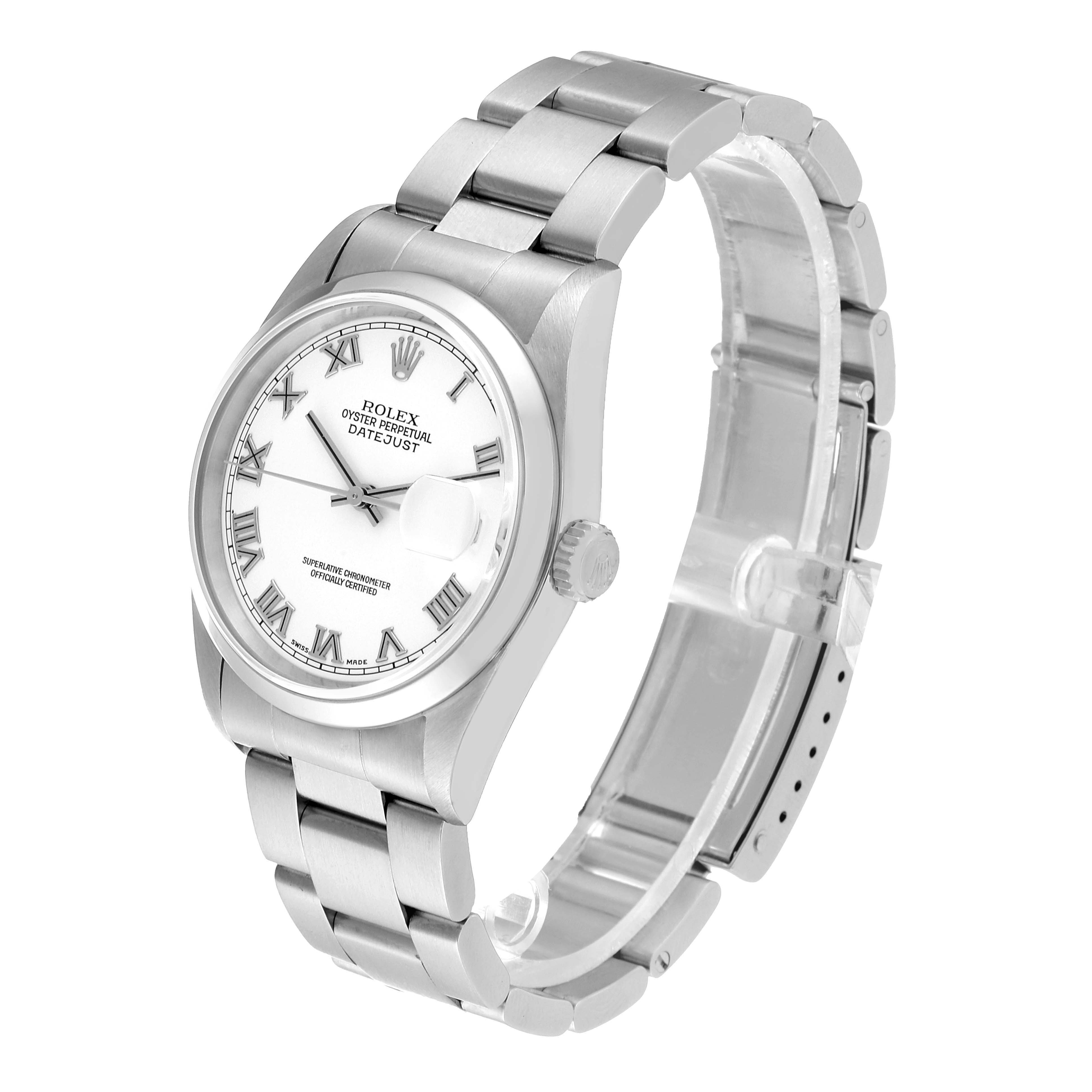 The image shows a Rolex Datejust 16200 Men's Stainless Steel White Dial 16200 Men's Stainless Steel White Dial watch at a three-quarter angle, displaying the dial, bracelet, bezel, and crown.
