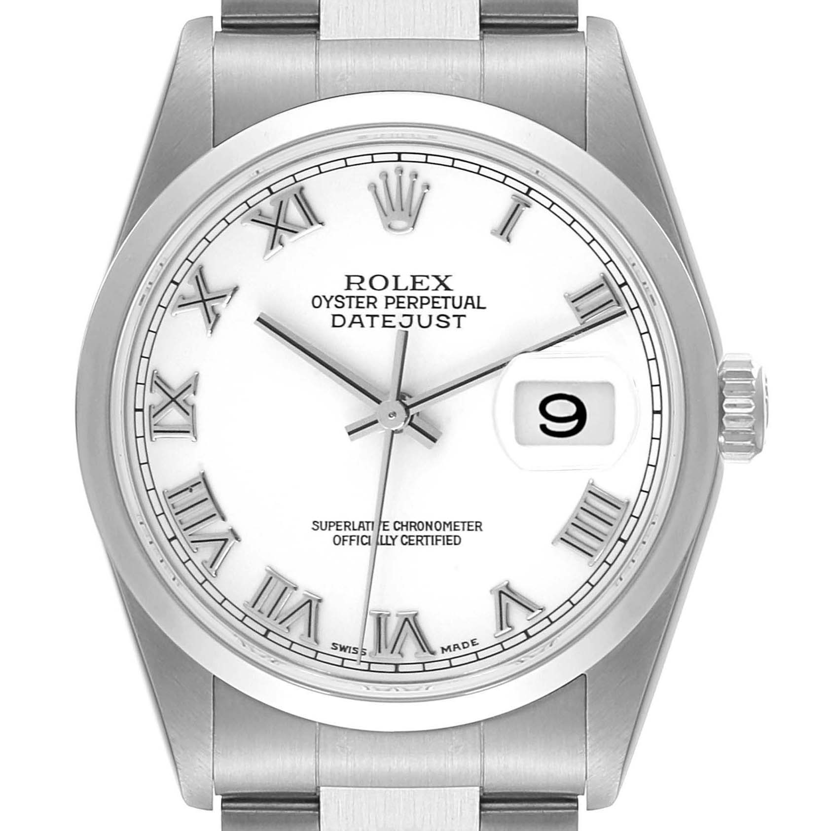 This image shows a close-up frontal view of the Rolex Datejust 16200 Men's Stainless Steel White Dial 16200 Men's Stainless Steel White Dial model, highlighting the Roman numeral dial and date window.
