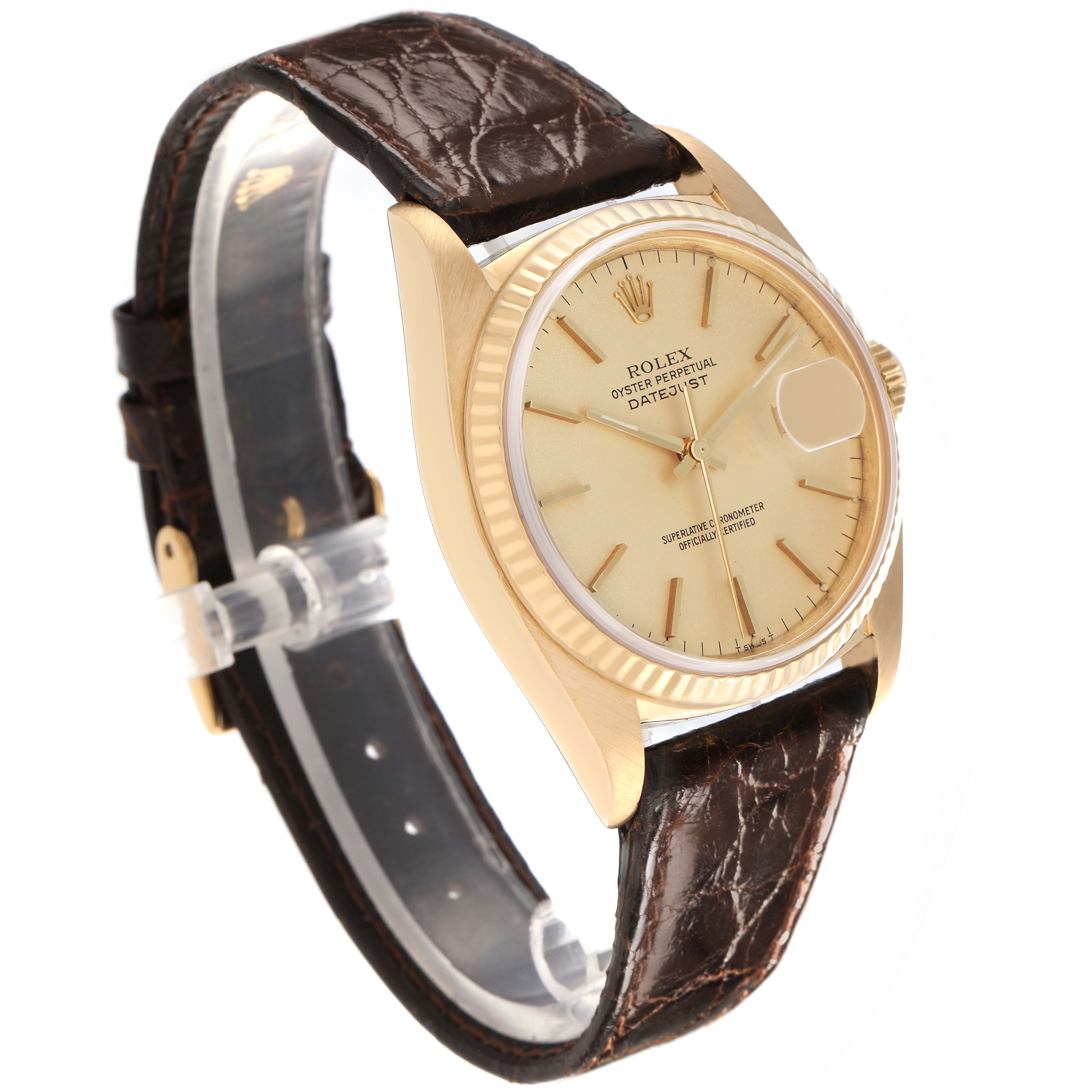 The Rolex Vintage Collection 16018 Men's Yellow Gold Champagne Dial 16018 Men's Yellow Gold Champagne Dial watch is shown from a side angle, highlighting the face, bezel, and leather strap.