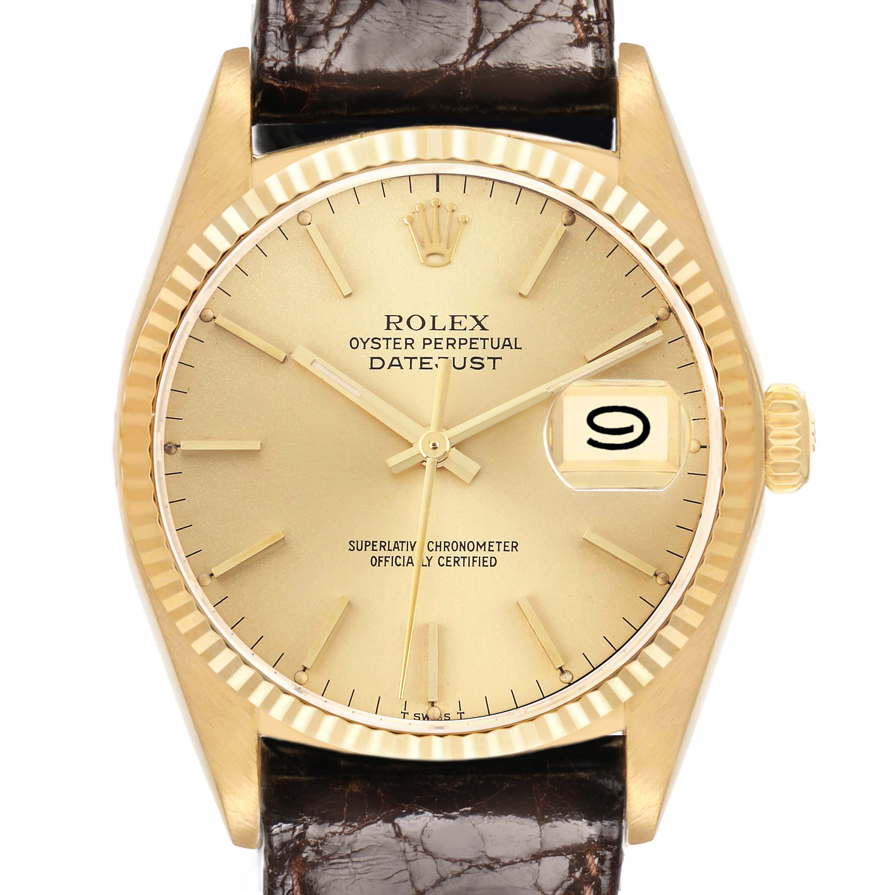 The image shows a Rolex Vintage Collection 16018 Men's Yellow Gold Champagne Dial 16018 Men's Yellow Gold Champagne Dial model from the front, highlighting the gold dial, fluted bezel, date window, and leather strap.