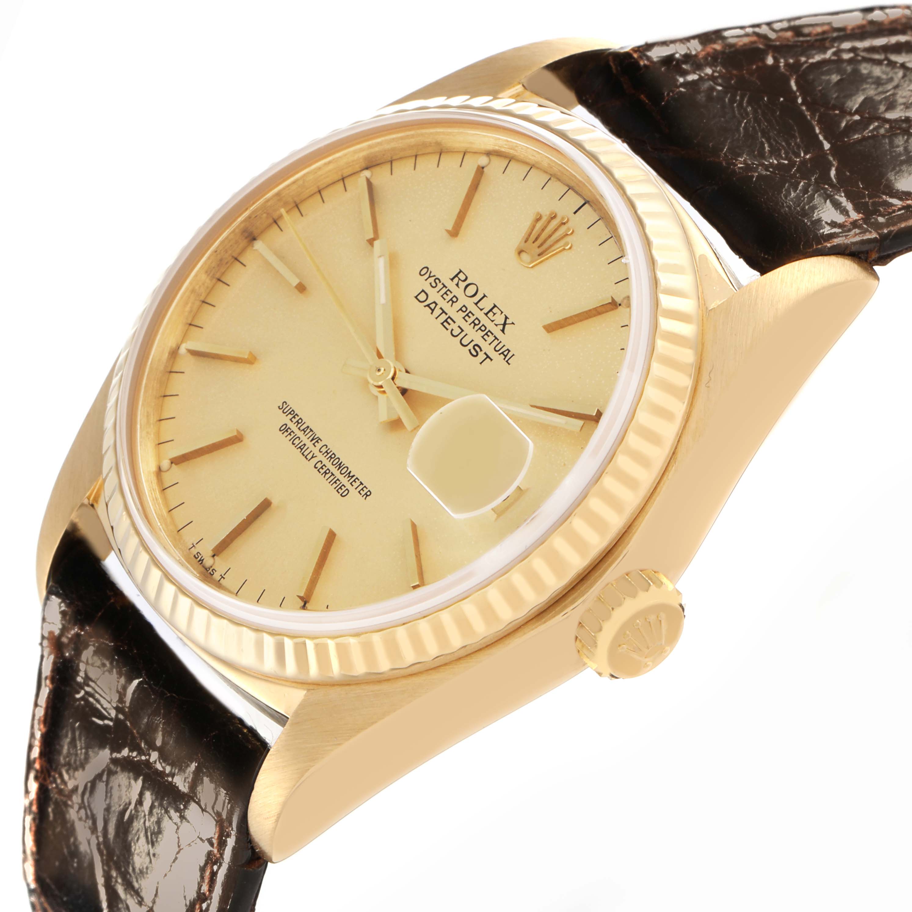 The Vintage Collection Rolex watch is shown at an angled top view, highlighting the dial, fluted bezel, and leather strap.