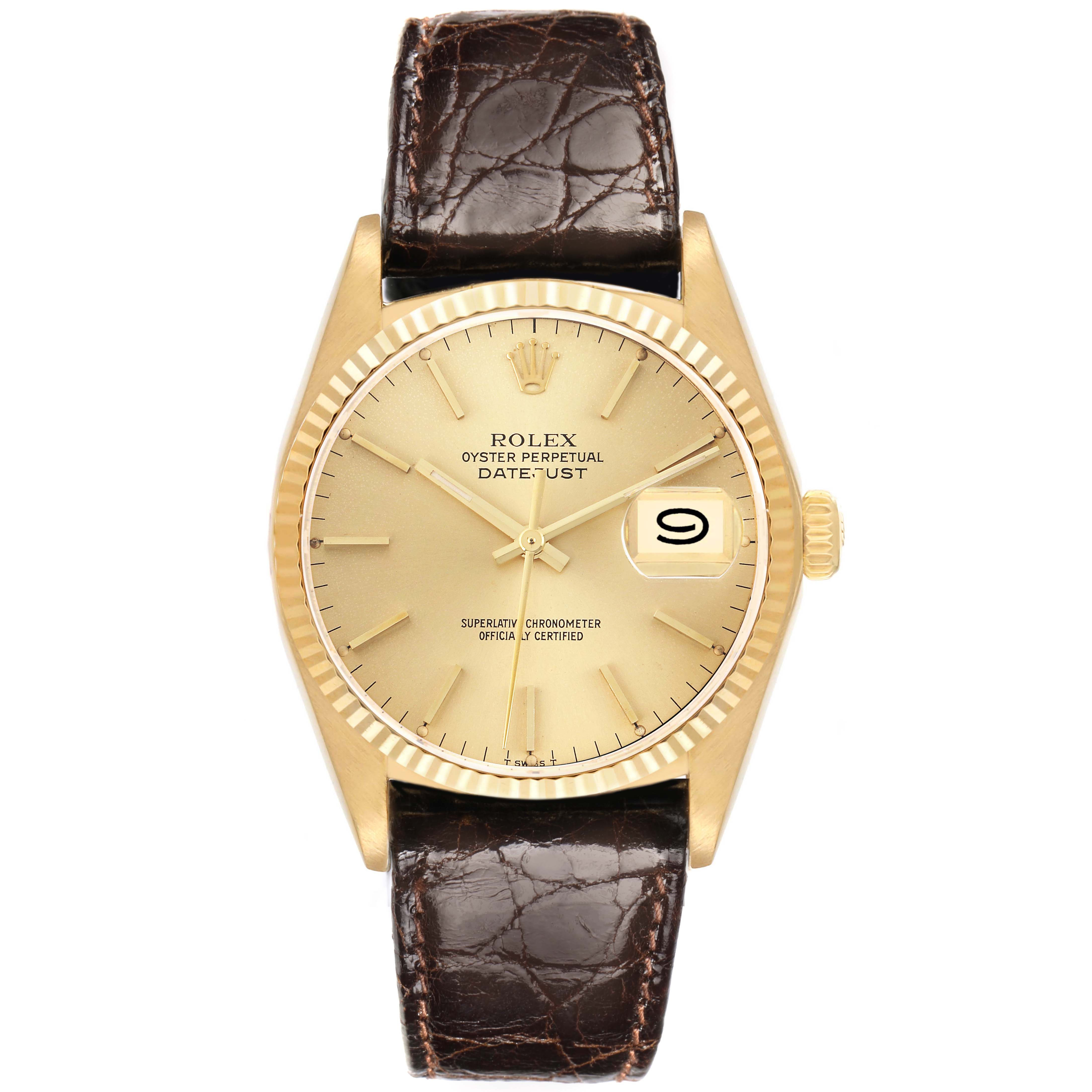The Rolex Vintage Collection 16018 Men's Yellow Gold Champagne Dial 16018 Men's Yellow Gold Champagne Dial model is shown from the front, featuring its dial, bezel, and brown leather strap.