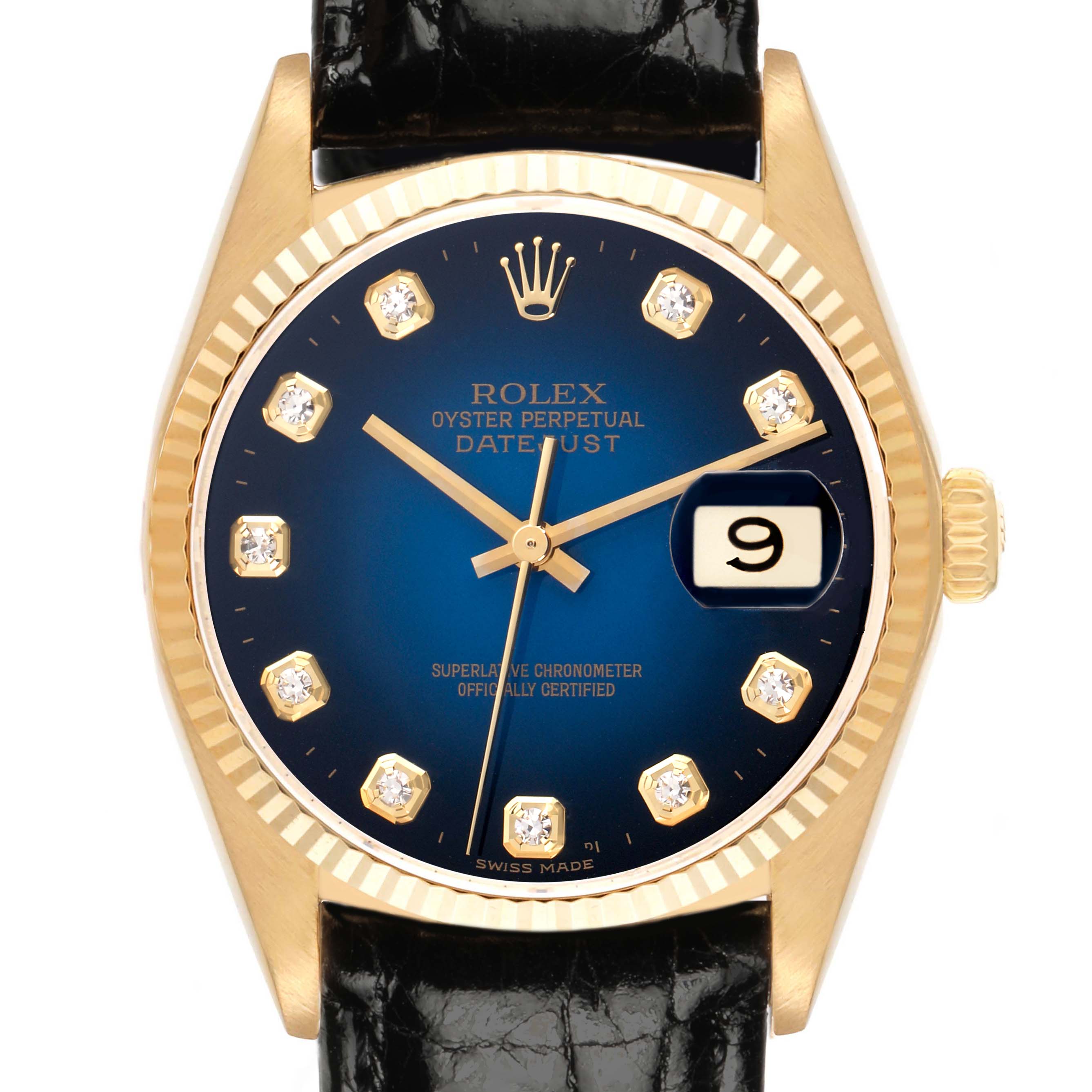 The Rolex Vintage Collection 16018 Men's Yellow Gold Blue Dial 16018 Men's Yellow Gold Blue Dial watch is shown from the front, displaying its dial, hands, diamond markers, bezel, and crown.