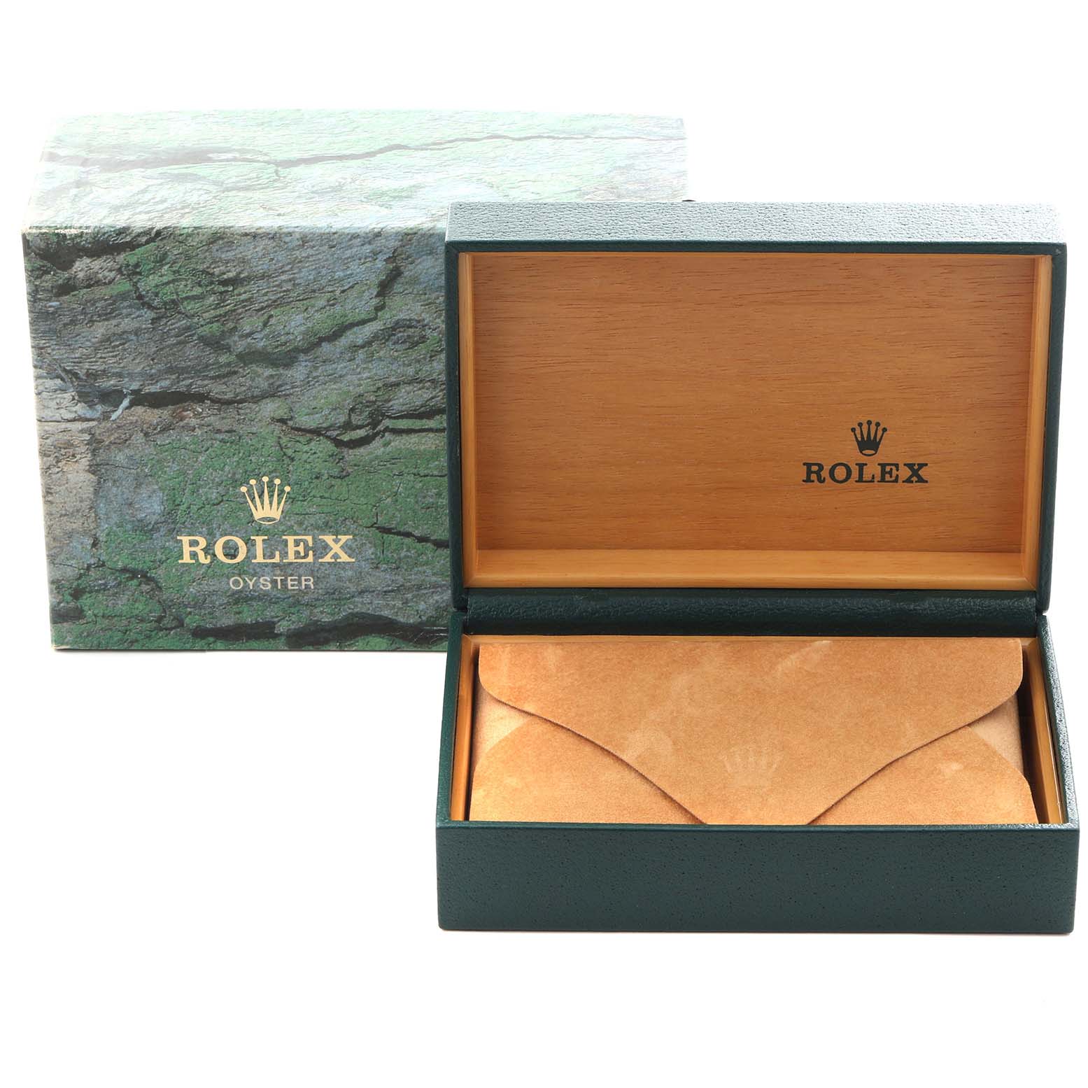 The image shows a Rolex Vintage Collection 16018 Men's Yellow Gold Blue Dial 16018 Men's Yellow Gold Blue Dial watch box with a green exterior, wooden interior, and Rolex branding.