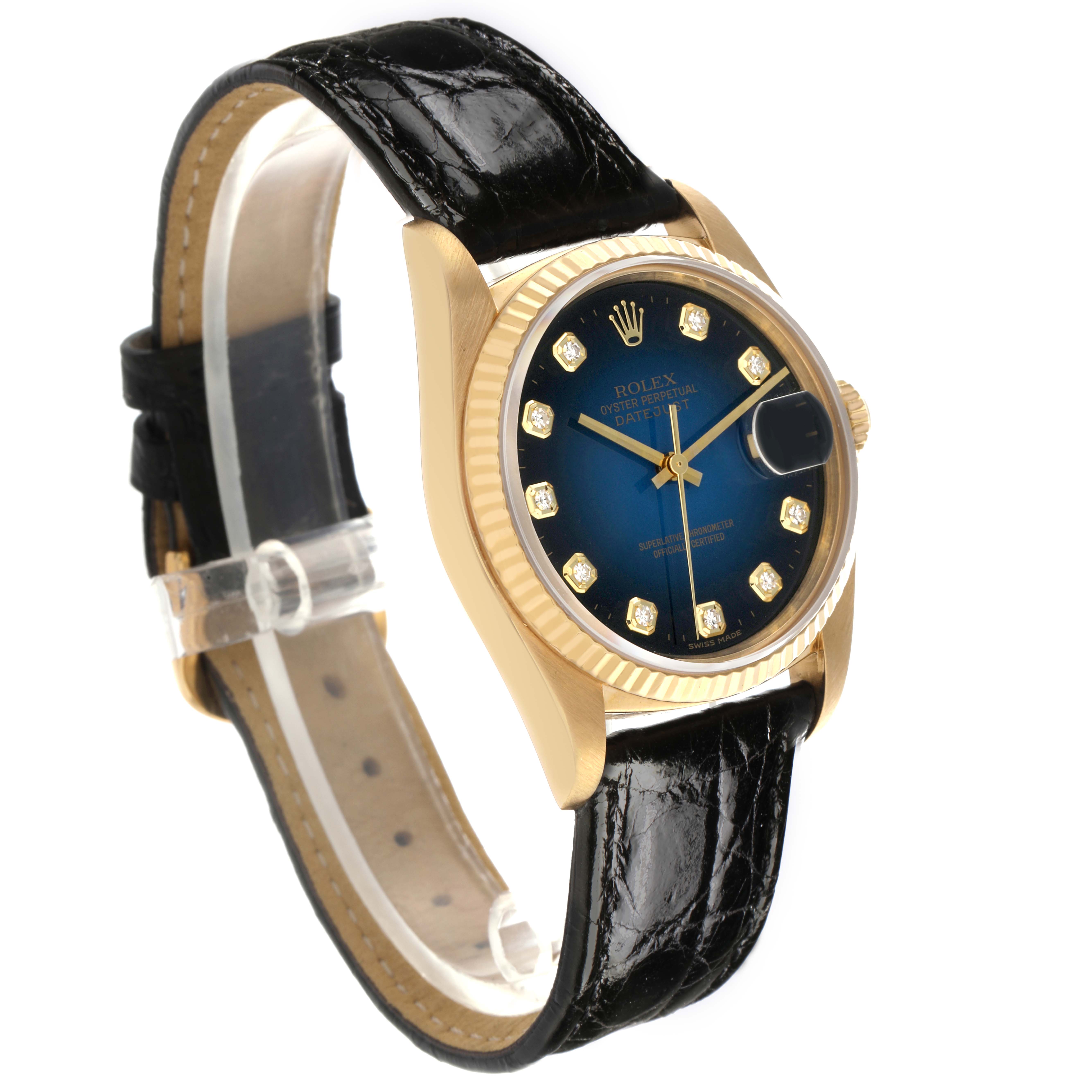 The Rolex Vintage Collection 16018 Men's Yellow Gold Blue Dial 16018 Men's Yellow Gold Blue Dial model is shown at a slight angle, highlighting the black leather strap, gold case, and blue dial with diamond indices.