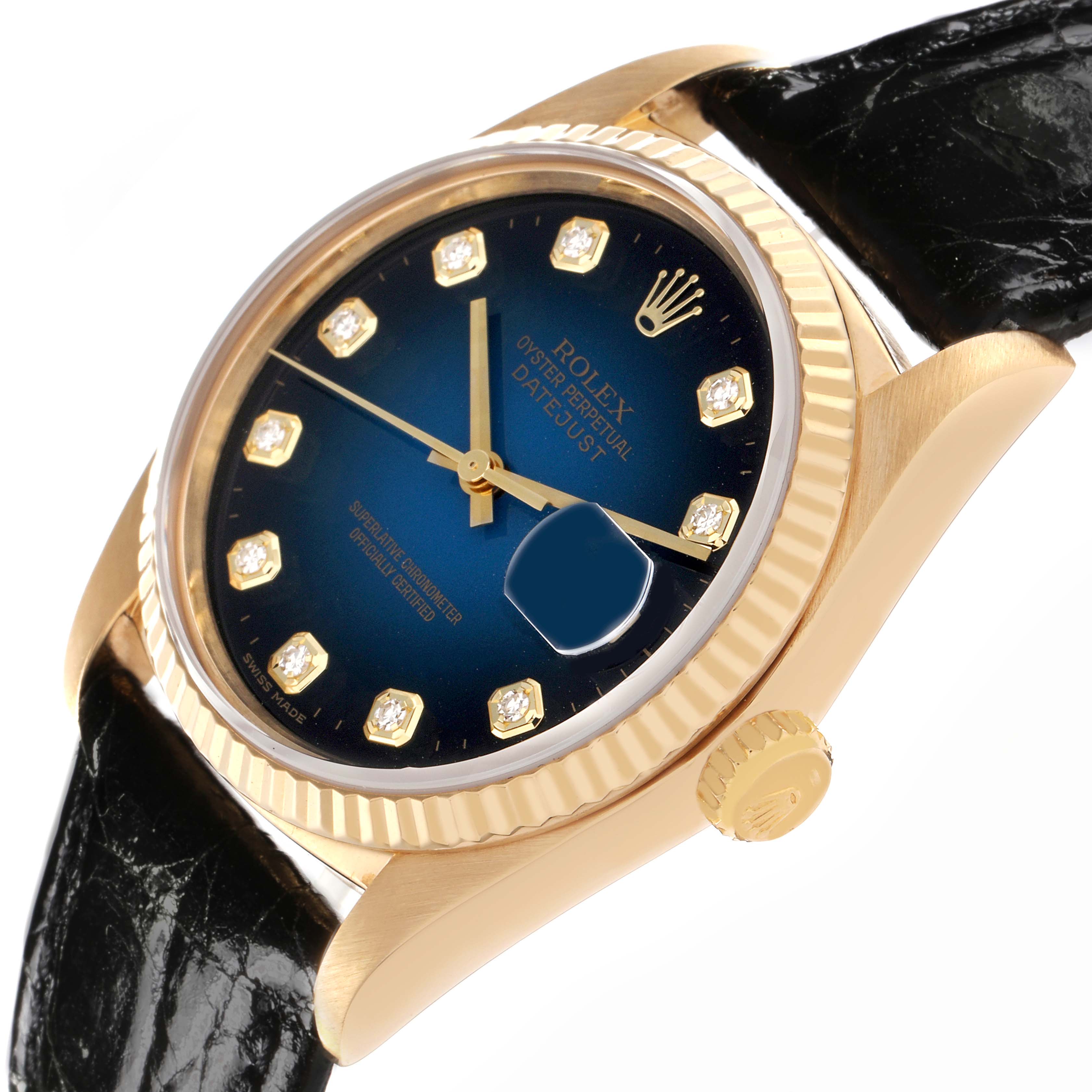The Rolex Vintage Collection 16018 Men's Yellow Gold Blue Dial 16018 Men's Yellow Gold Blue Dial watch is shown at an angled view, highlighting the blue dial, gold case, crown, and black leather strap.