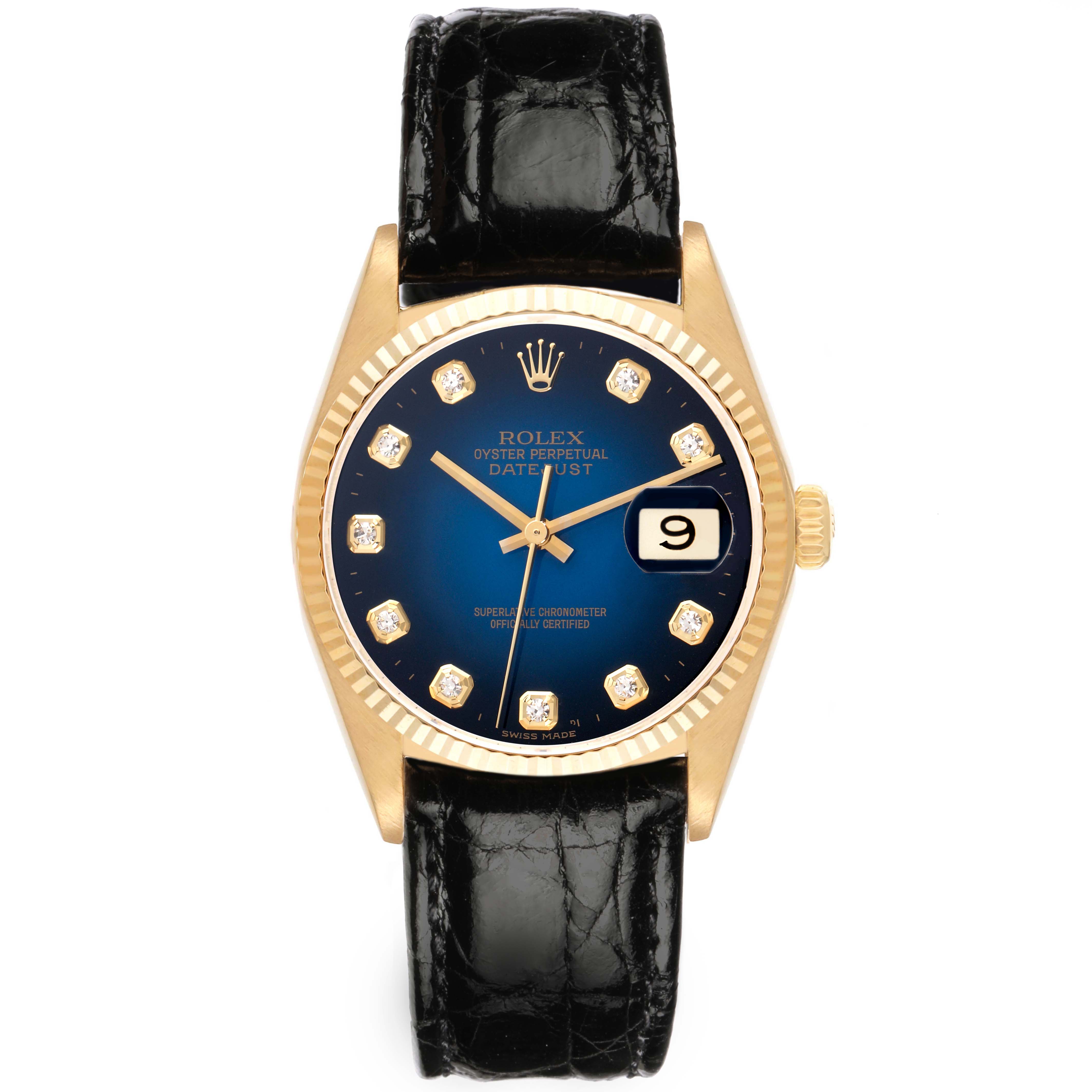 The Rolex Vintage Collection 16018 Men's Yellow Gold Blue Dial 16018 Men's Yellow Gold Blue Dial watch is shown from a top-down angle, displaying the face, bezel, crown, and leather strap.