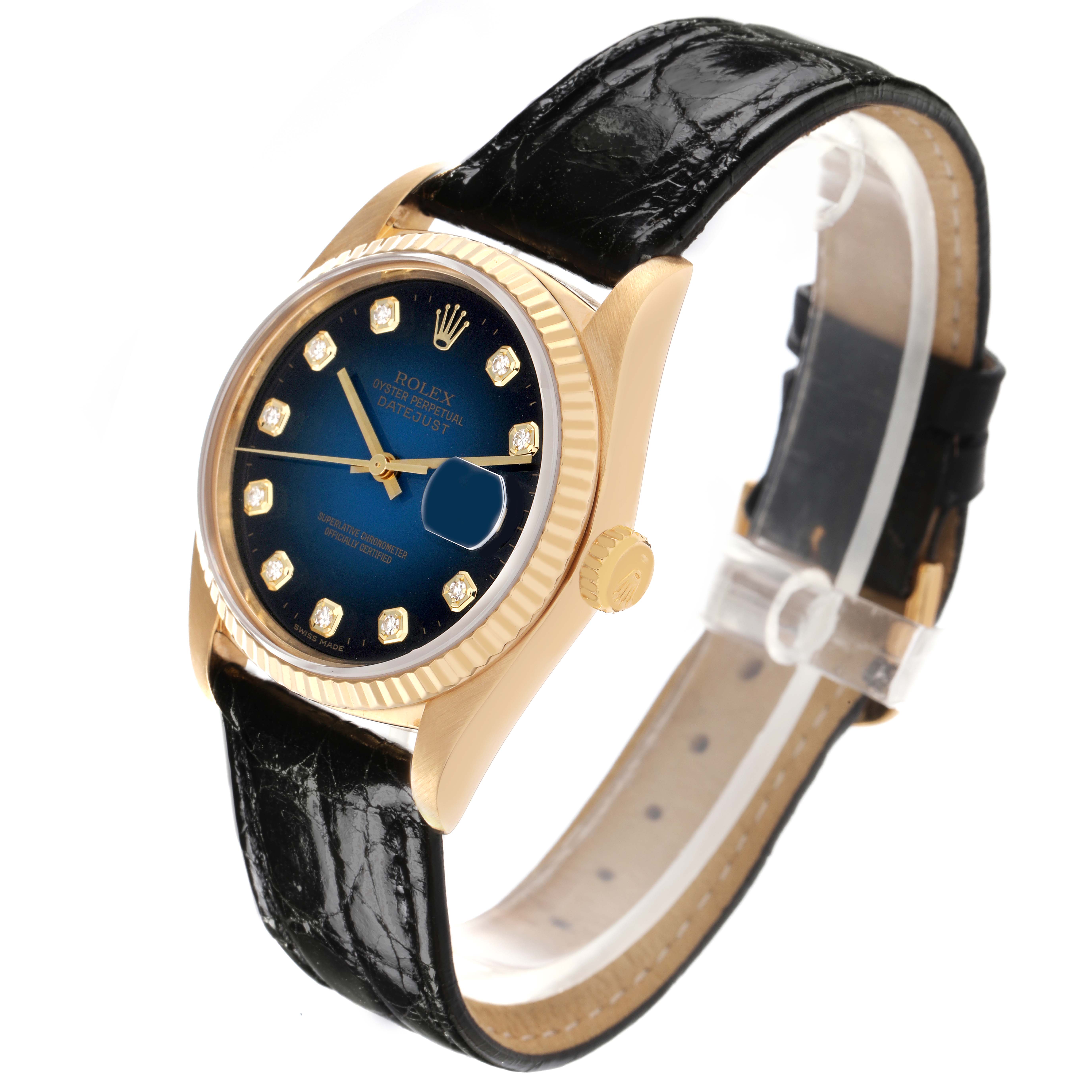 The Rolex Vintage Collection 16018 Men's Yellow Gold Blue Dial 16018 Men's Yellow Gold Blue Dial model is shown at a three-quarter angle highlighting the face, bezel, crown, and leather strap.