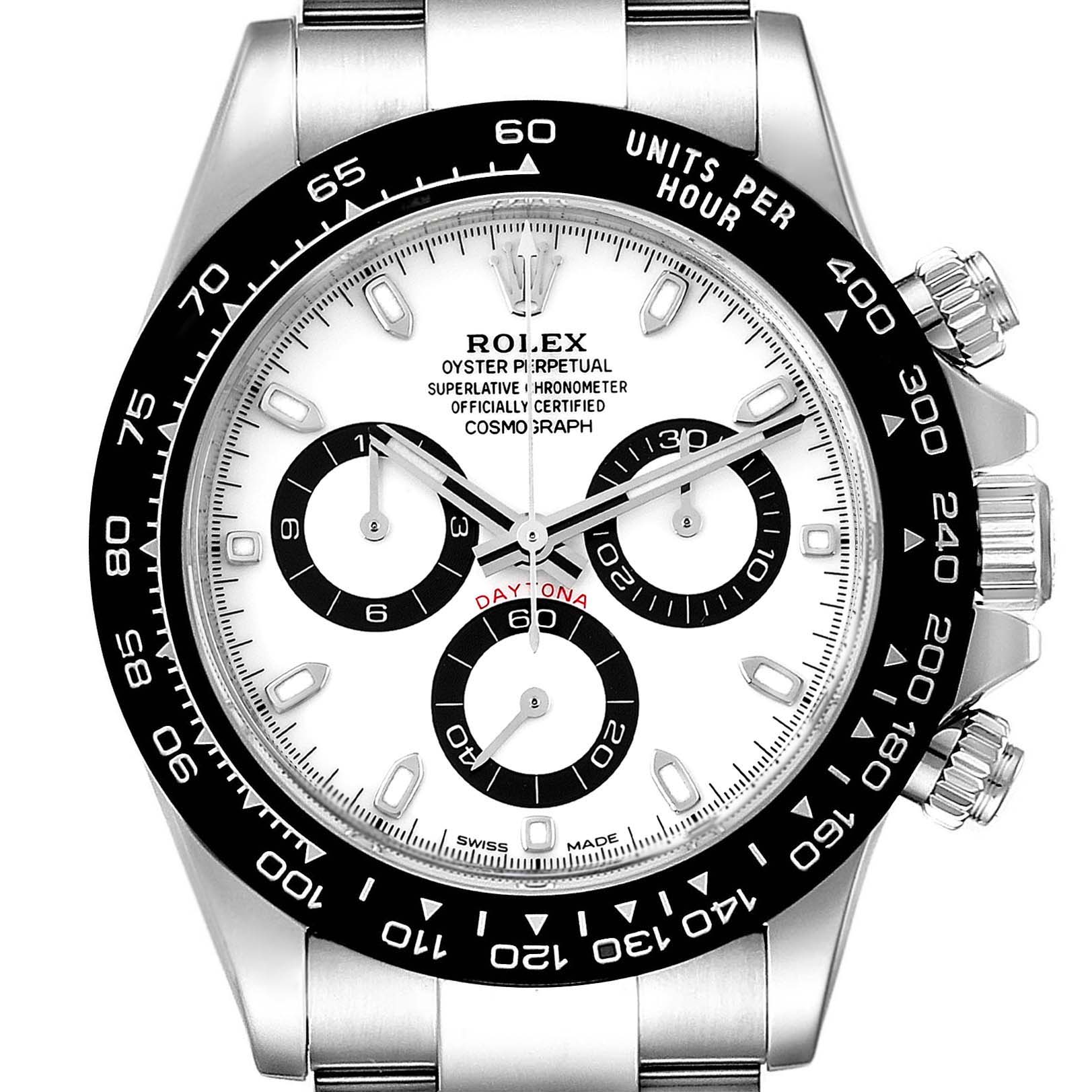 This image shows a front view of a Rolex Daytona 116500 Men's Stainless Steel Black Dial 116500 Men's Stainless Steel Black Dial watch, highlighting the dial, subdials, bezel, and crown.