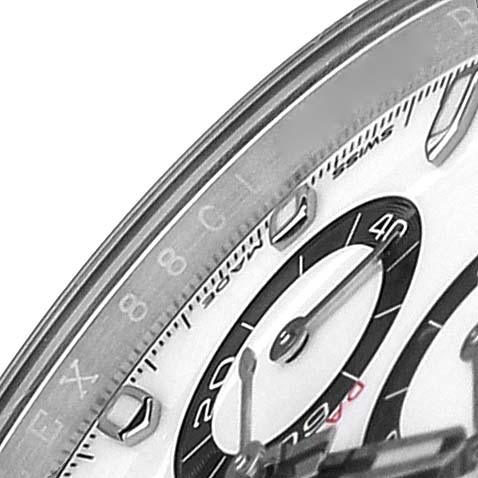 This image shows a close-up of the bezel and part of the dial of a Rolex Daytona 116500 Men's Stainless Steel Black Dial 116500 Men's Stainless Steel Black Dial watch.
