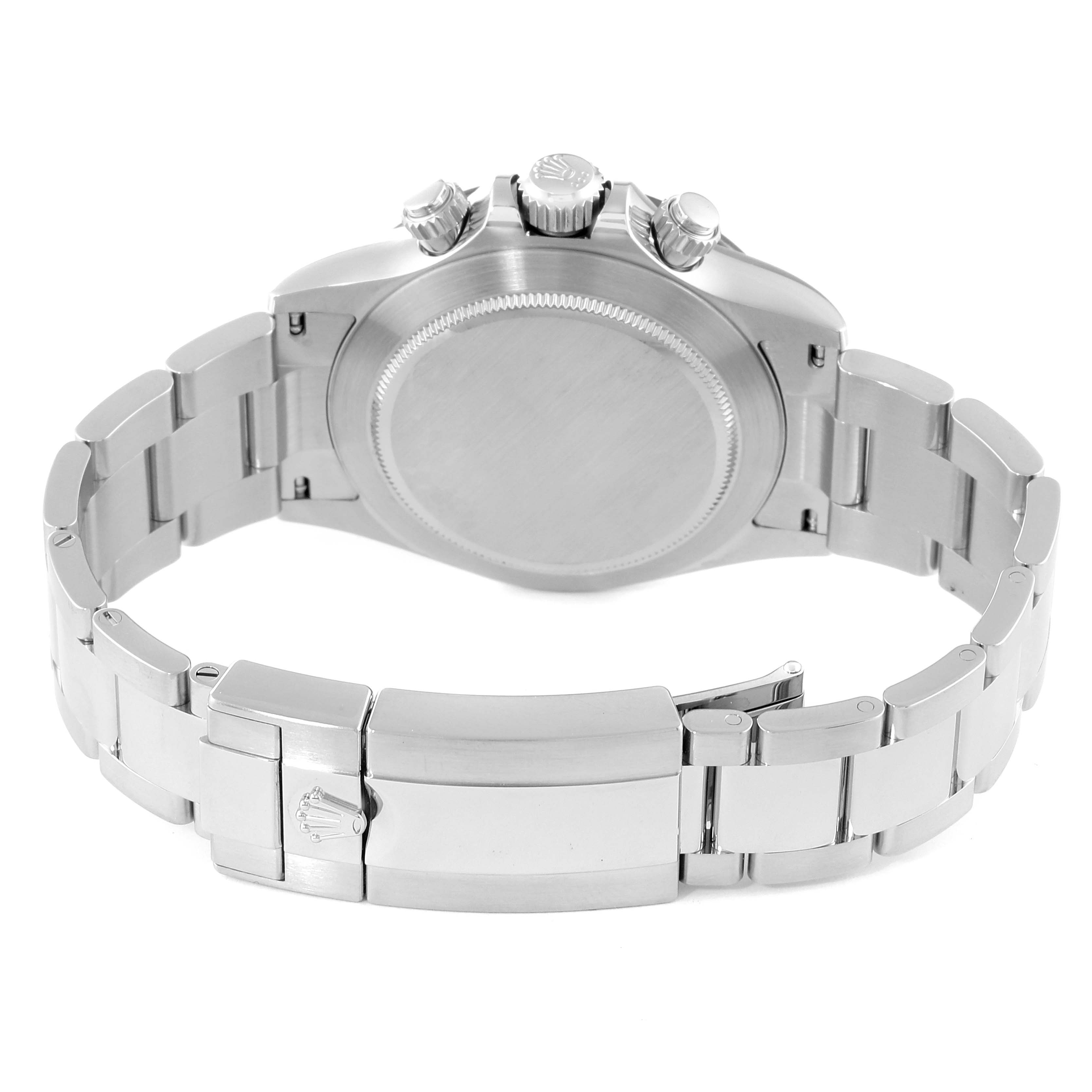 The image shows the back and bracelet of the Rolex Daytona 116500 Men's Stainless Steel Black Dial 116500 Men's Stainless Steel Black Dial watch, highlighting its clasp, case back, and crown.