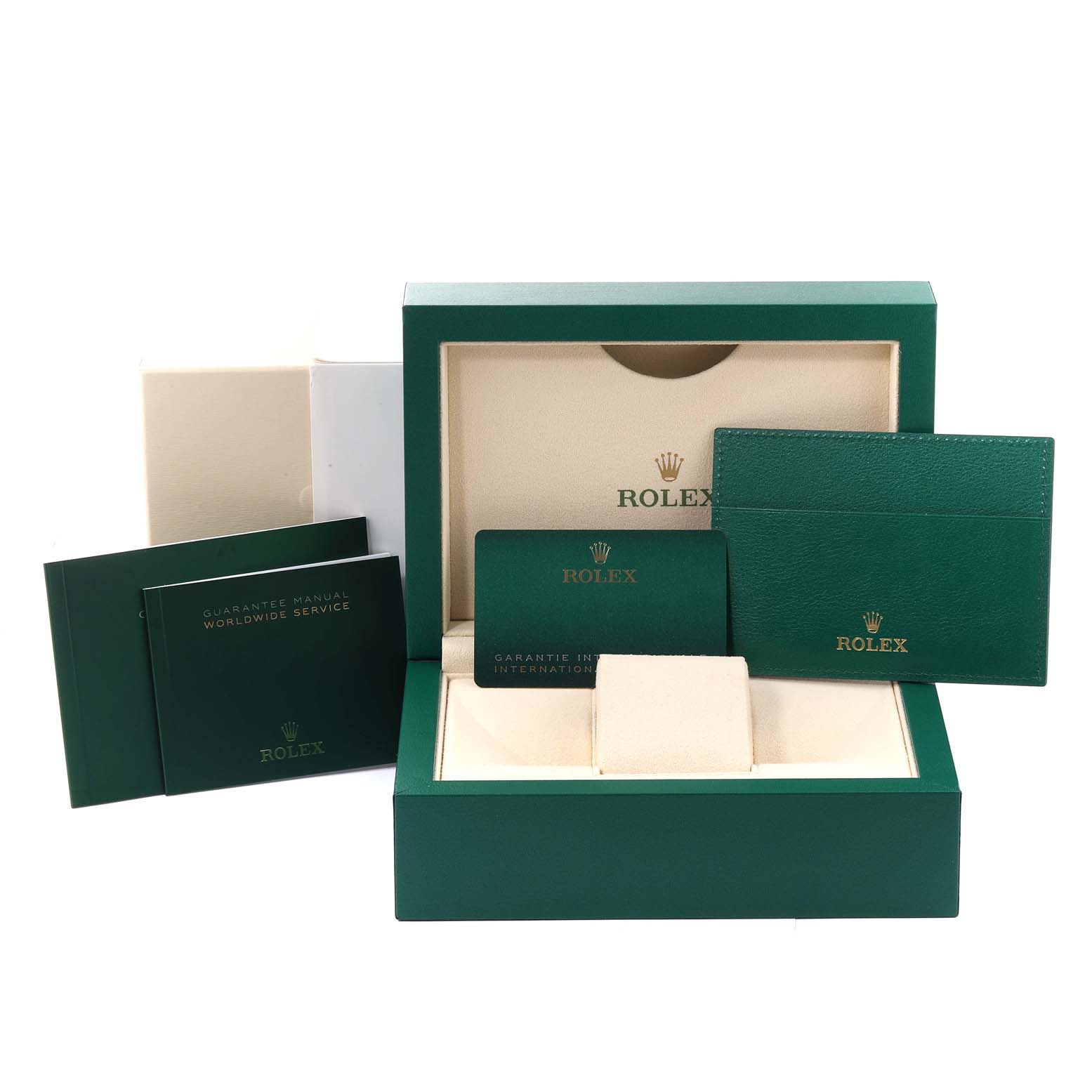 The image displays the packaging, manuals, and cards for a Rolex Daytona 116500 Men's Stainless Steel Black Dial 116500 Men's Stainless Steel Black Dial watch.