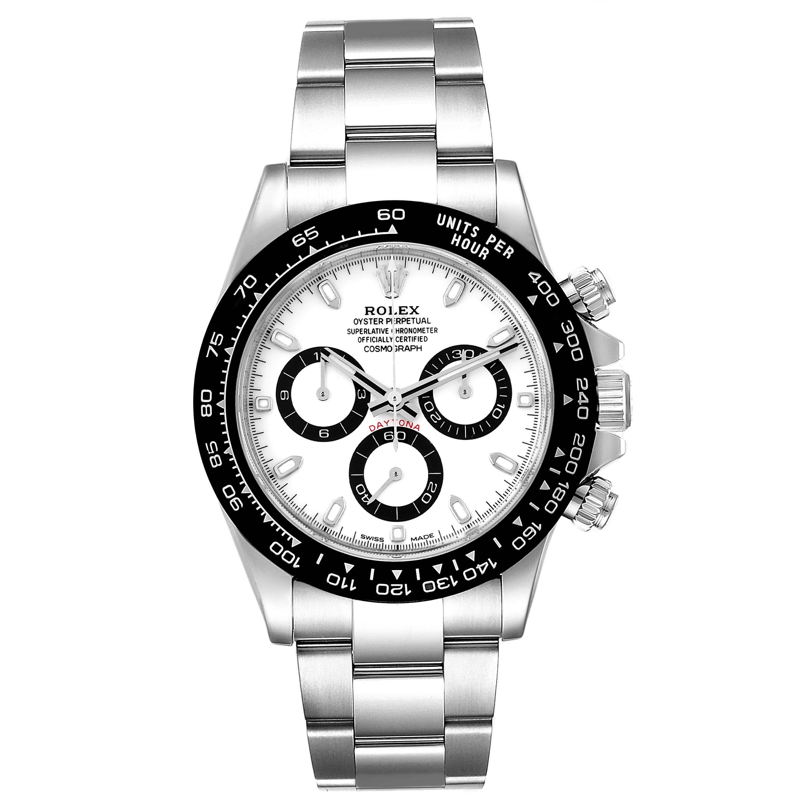 This is a front view of a Rolex Daytona 116500 Men's Stainless Steel Black Dial 116500 Men's Stainless Steel Black Dial watch, showing the dial, bezel, crown, and stainless steel bracelet.