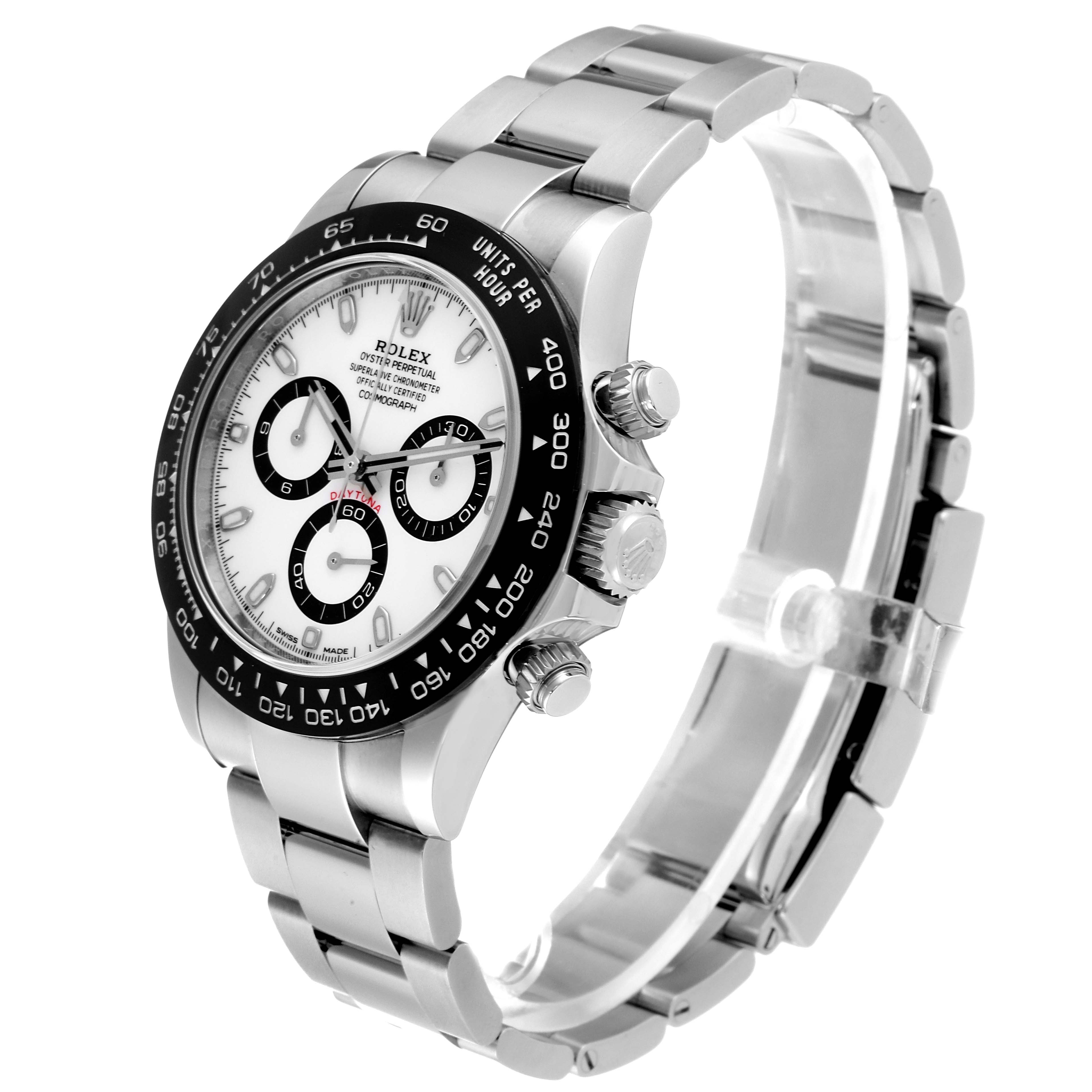 The image shows a Rolex Daytona 116500 Men's Stainless Steel Black Dial 116500 Men's Stainless Steel Black Dial watch at a side angle, highlighting the bezel, face, case, and metal band.