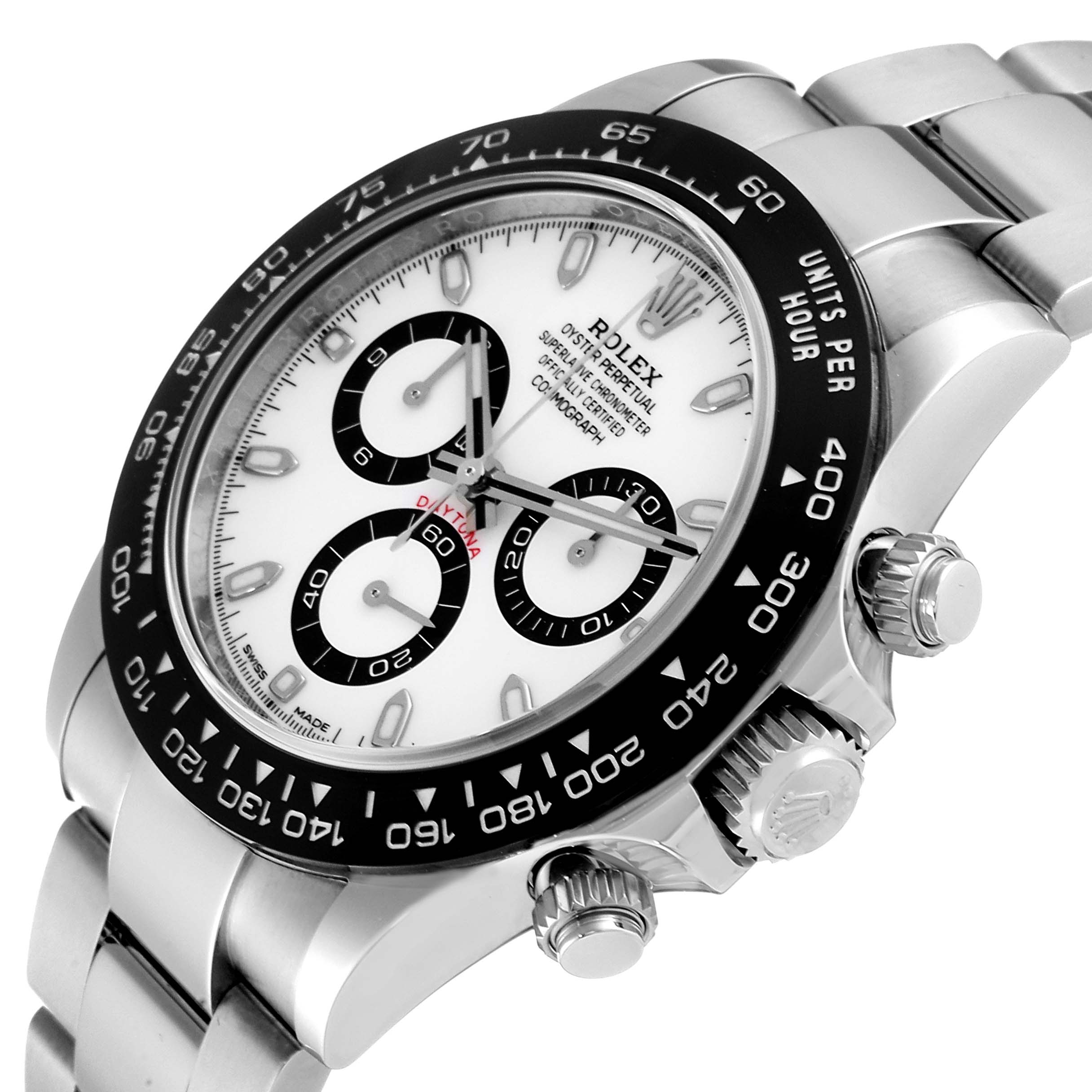 This image shows a close-up angle of the Rolex Daytona 116500 Men's Stainless Steel Black Dial 116500 Men's Stainless Steel Black Dial watch face, bezel, crown, and part of the bracelet.