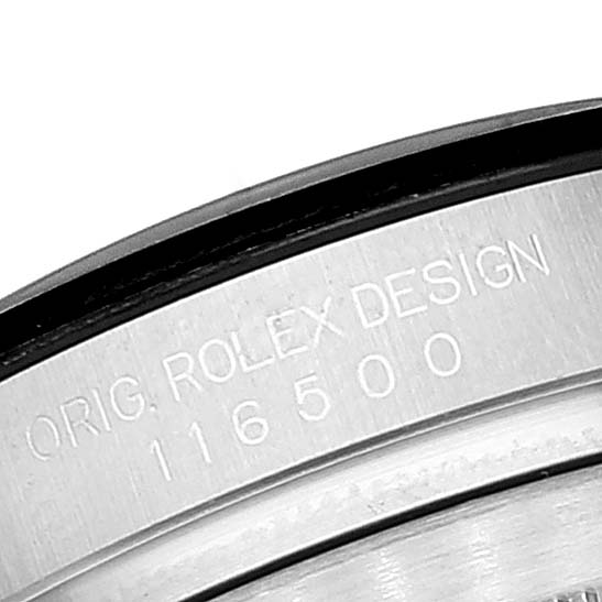 This image shows a close-up of the engraved caseback edge of a Rolex Daytona 116500 Men's Stainless Steel Black Dial 116500 Men's Stainless Steel Black Dial watch.