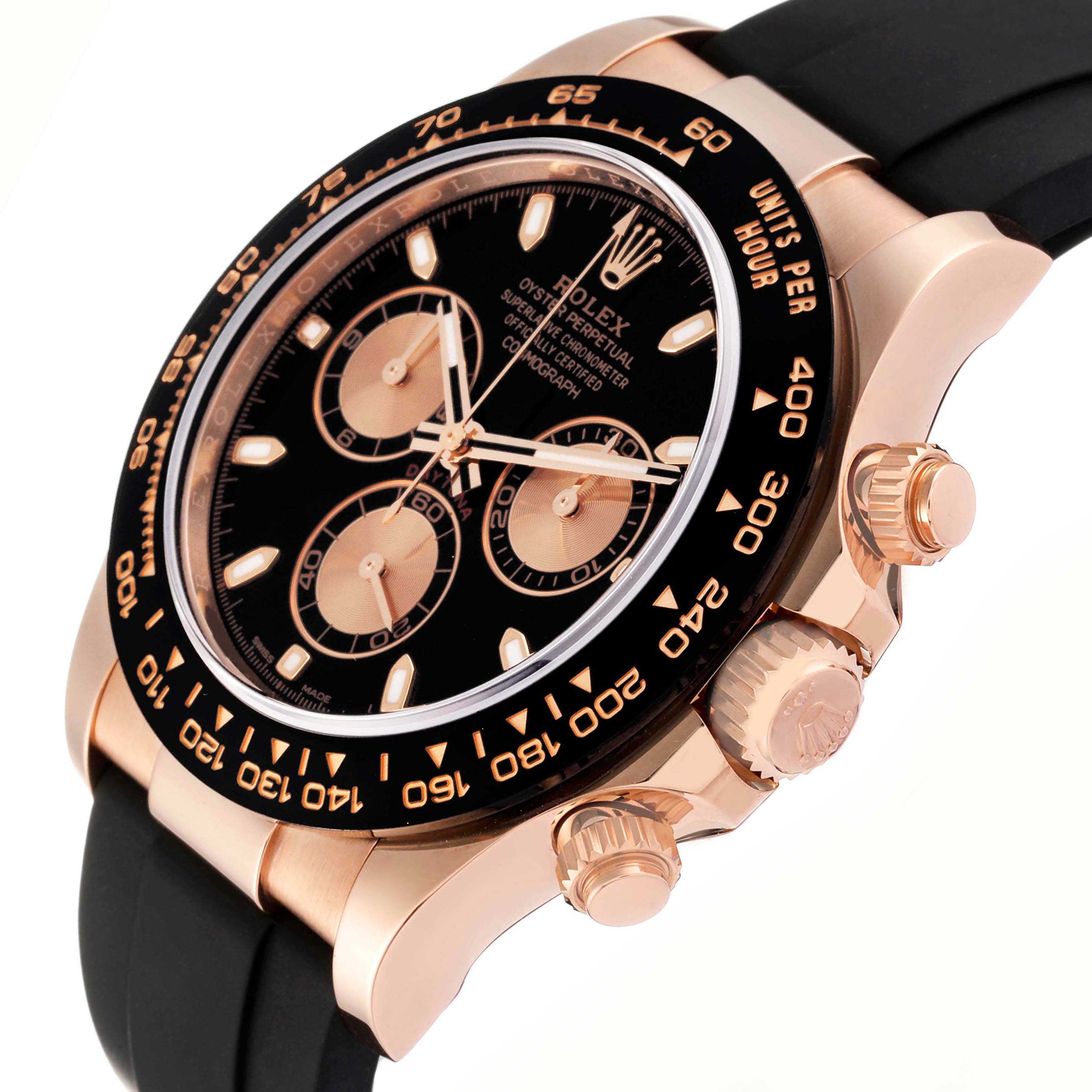 The Rolex Daytona 116515LN Men's Rose Gold Black Dial 116515LN Men's Rose Gold Black Dial watch is shown from a side angle, highlighting the dial, bezel, pushers, and crown.