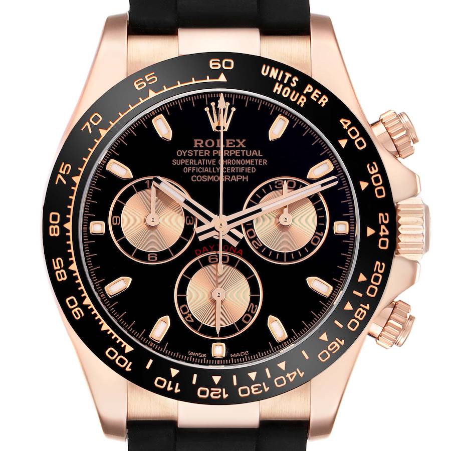 The Rolex Daytona watch is shown from the front, displaying its face, bezel, and side buttons.
