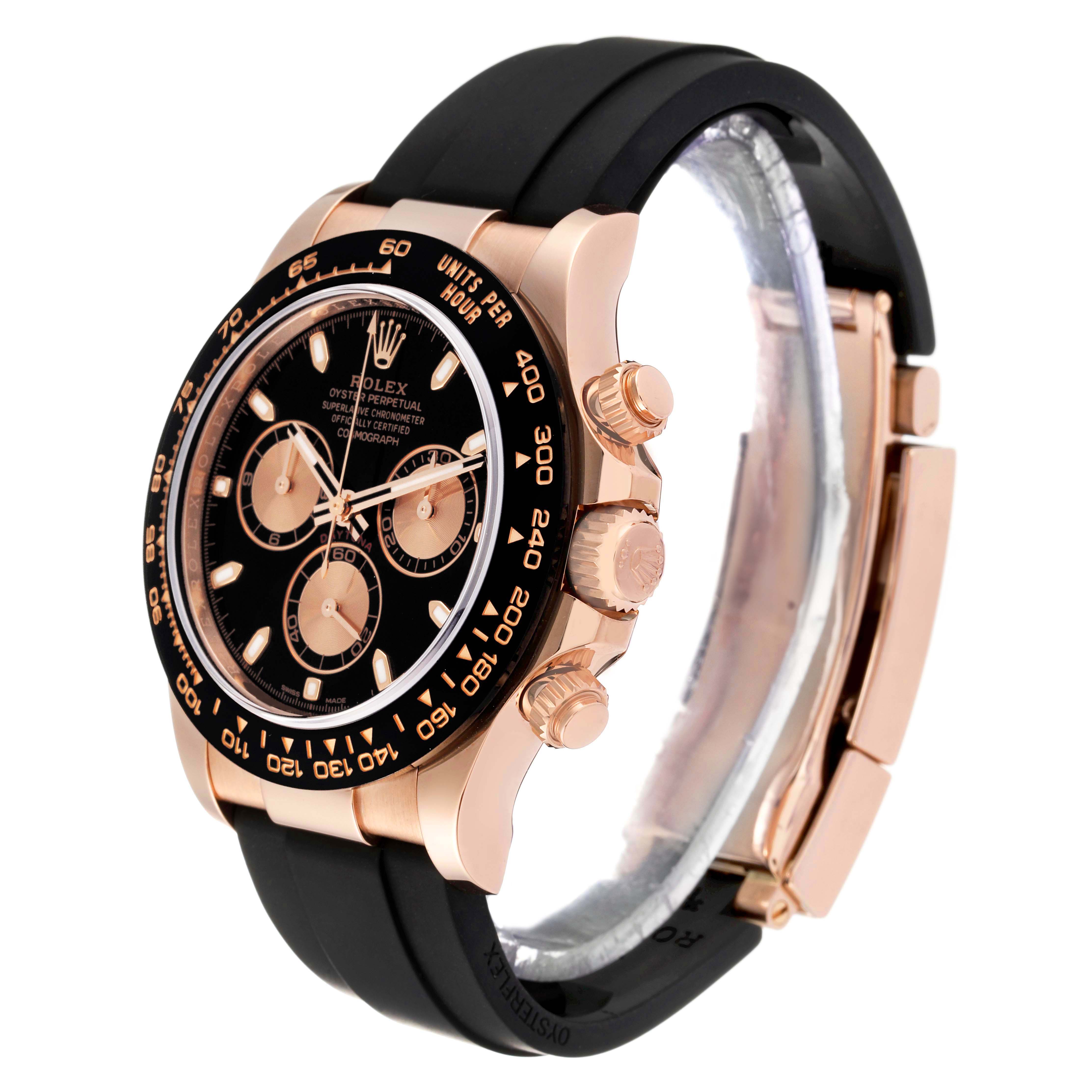 The Rolex Daytona 116515LN Men's Rose Gold Black Dial 116515LN Men's Rose Gold Black Dial watch is shown at a three-quarter angle, highlighting the bezel, crown, and black strap.