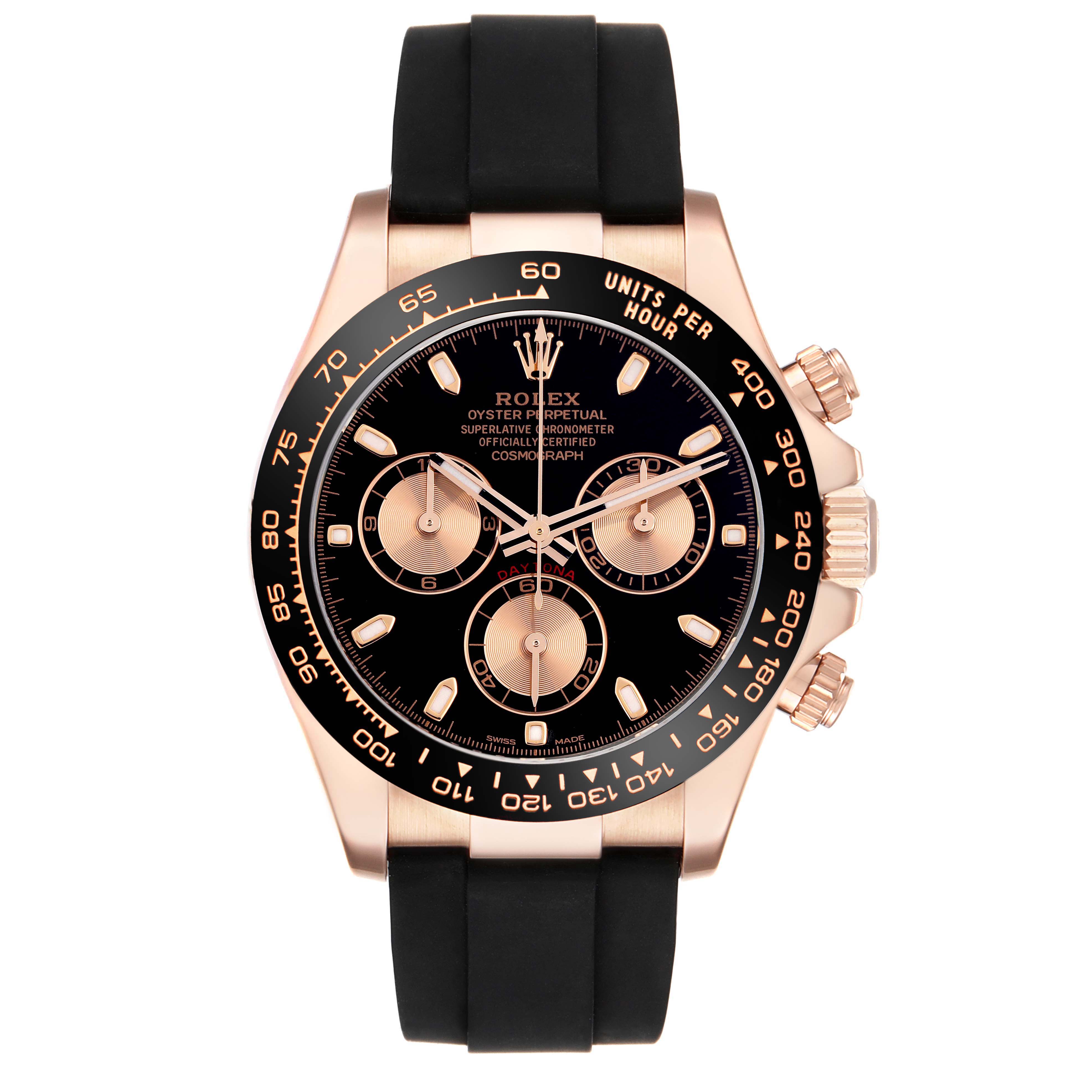 The Rolex Daytona 116515LN Men's Rose Gold Black Dial 116515LN Men's Rose Gold Black Dial watch is shown from a front angle, displaying its dial, bezel, and pushers with a rubber strap.