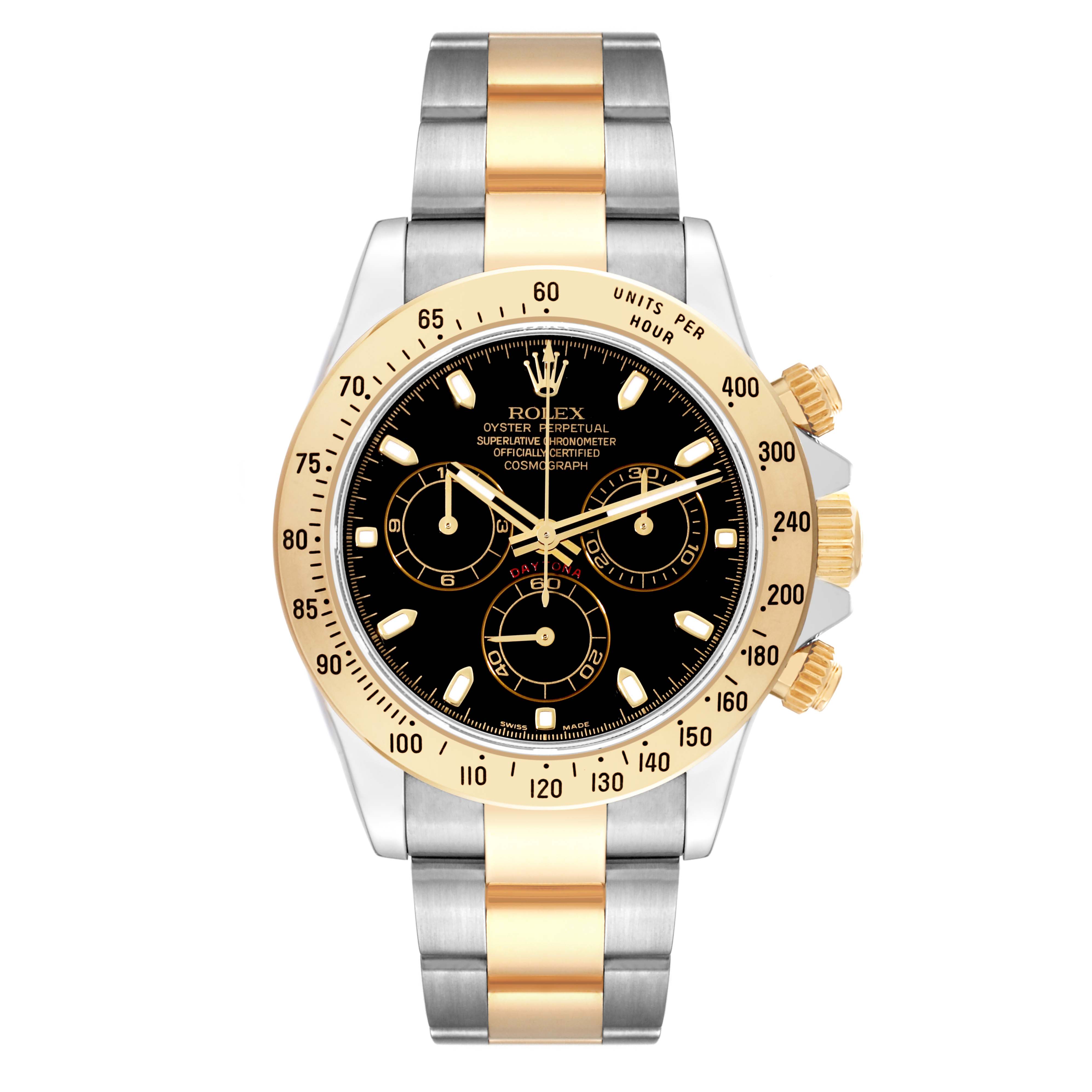 This Rolex Daytona 116523 Men
s Steel and Gold (two tone) Black Dial 116523 Men
s Steel and Gold (two tone) Black Dial watch, shown from the front, includes a two-tone bracelet and a black dial with three subdials and a gold bezel.