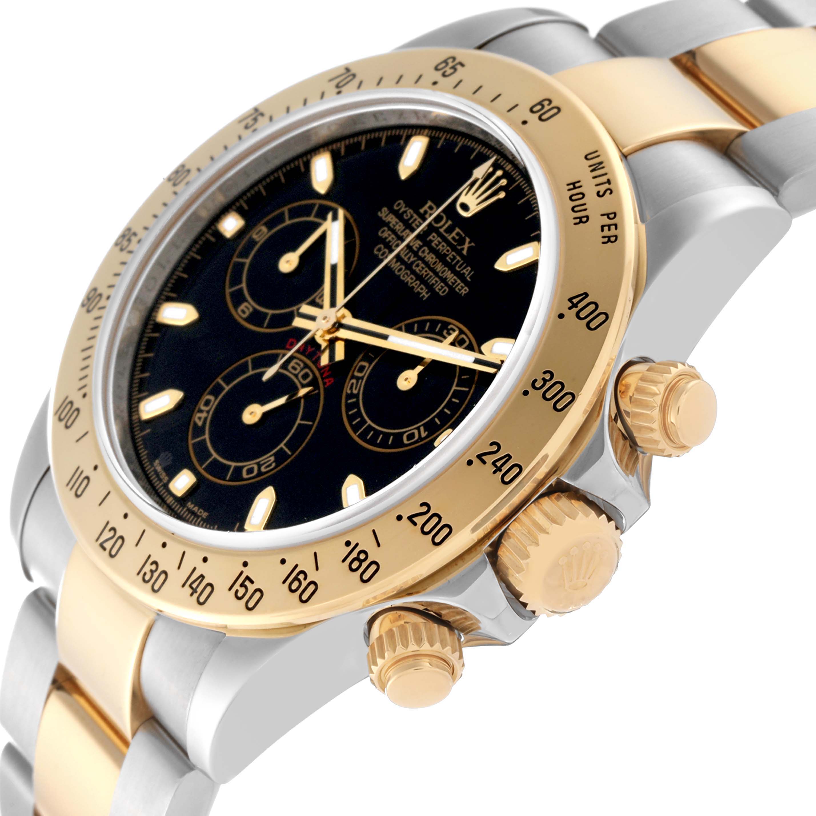This image shows a close-up side view of a Rolex Daytona 116523 Men
s Steel and Gold (two tone) Black Dial 116523 Men
s Steel and Gold (two tone) Black Dial watch, highlighting the face, bezel, crown, and pushers.