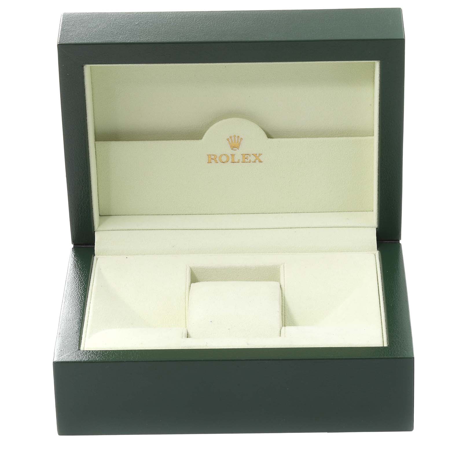 This is a front view of a green Rolex Daytona 116523 Men
s Steel and Gold (two tone) Black Dial 116523 Men
s Steel and Gold (two tone) Black Dial watch box with the interior cushioning visible.