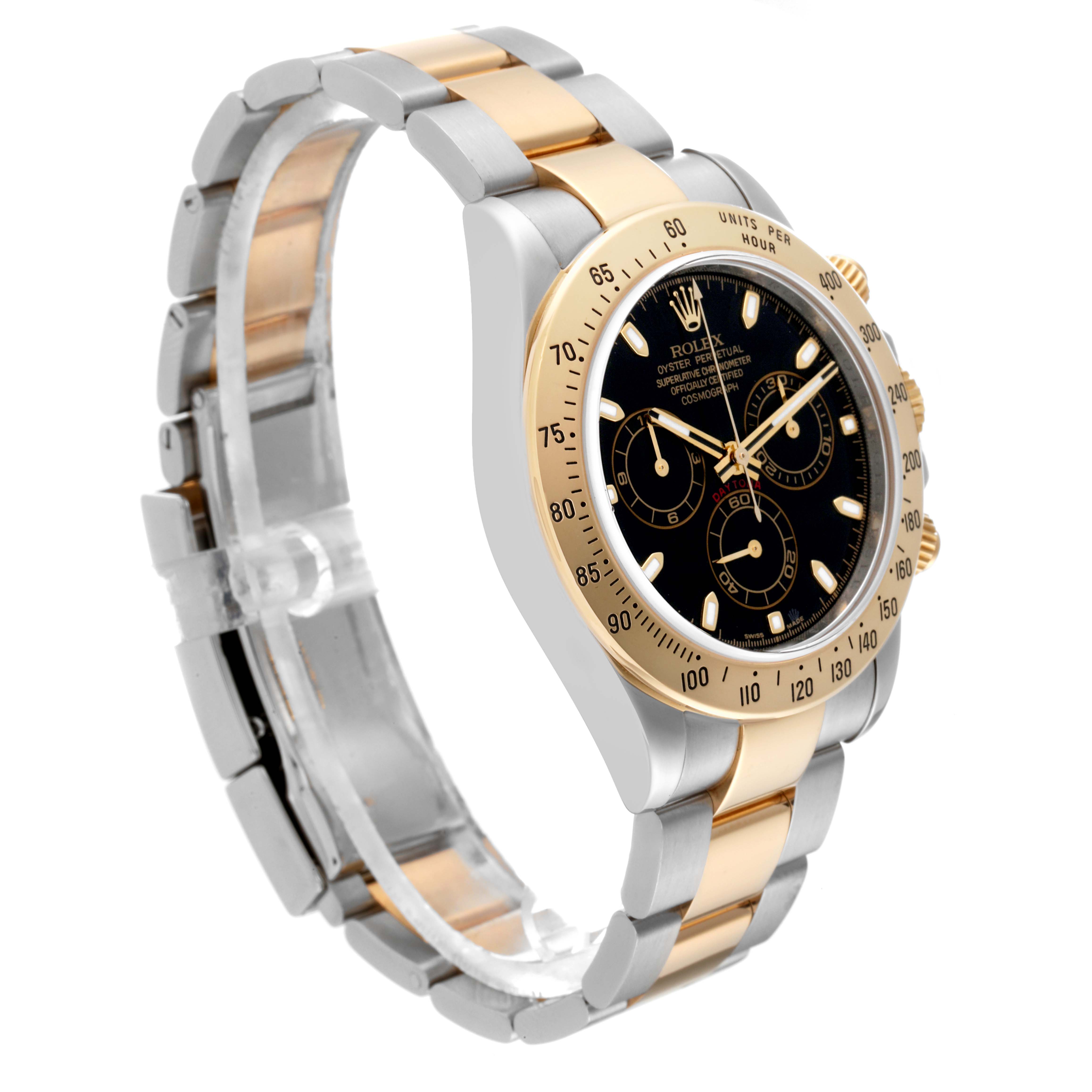 This Rolex Daytona 116523 Men
s Steel and Gold (two tone) Black Dial 116523 Men
s Steel and Gold (two tone) Black Dial watch is shown at a three-quarter angle, highlighting the dial, bezel, and bracelet.
