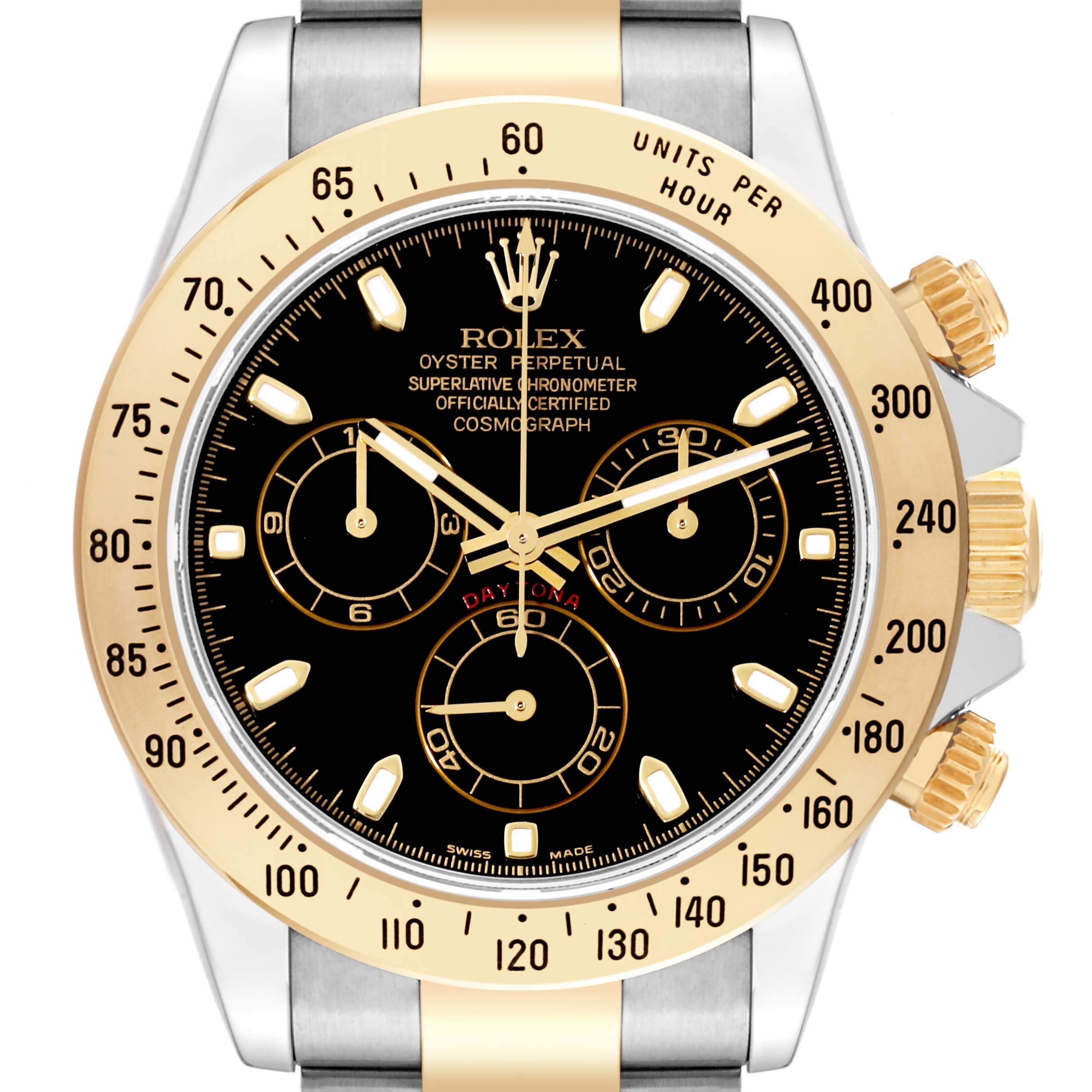 The image shows a front view of a Rolex Daytona 116523 Men
s Steel and Gold (two tone) Black Dial 116523 Men
s Steel and Gold (two tone) Black Dial watch, highlighting its dial, bezel, crown, and pushers.